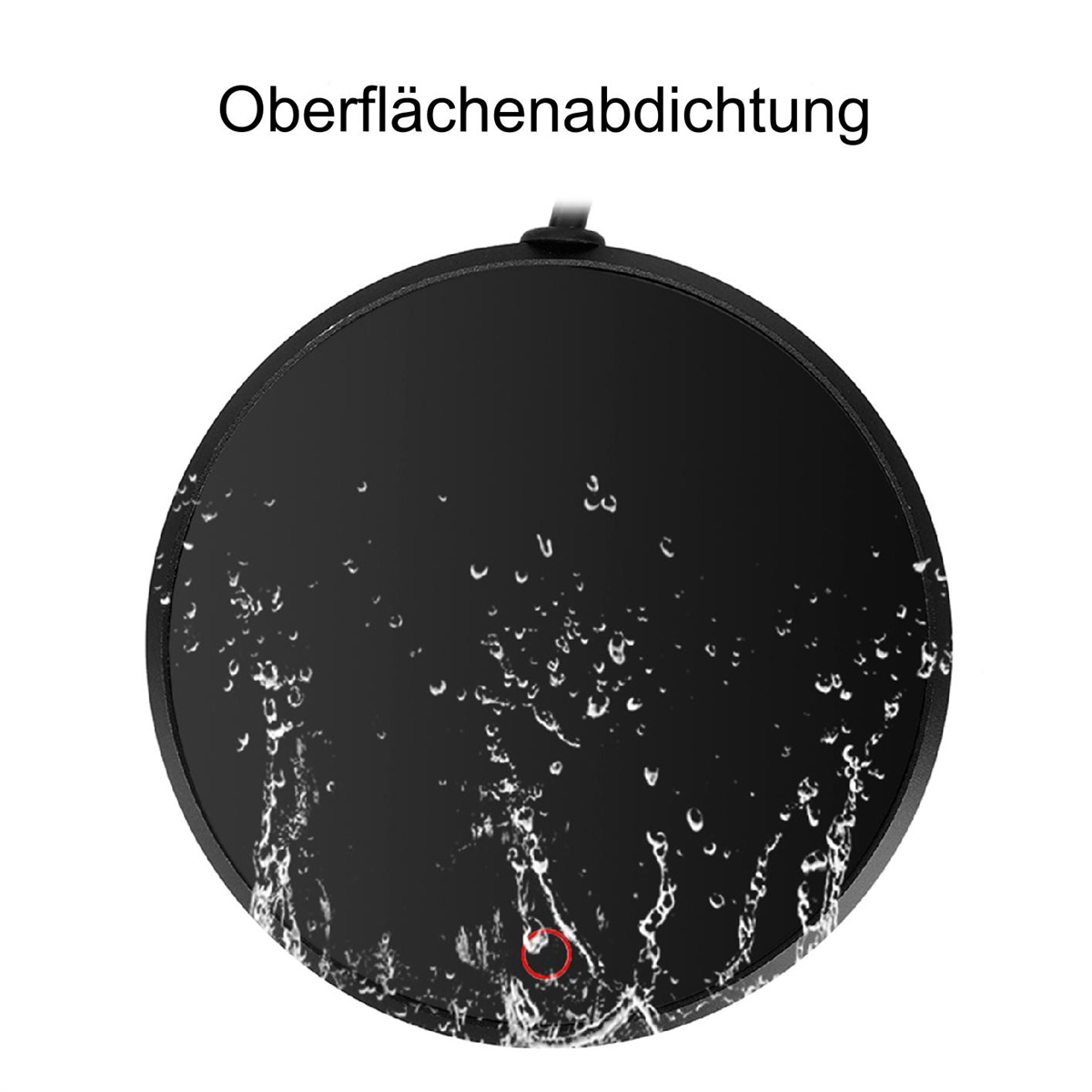 Schwarze runde Oberfläche mit Wassertropfen. Text 'Oberflächenabdichtung'.