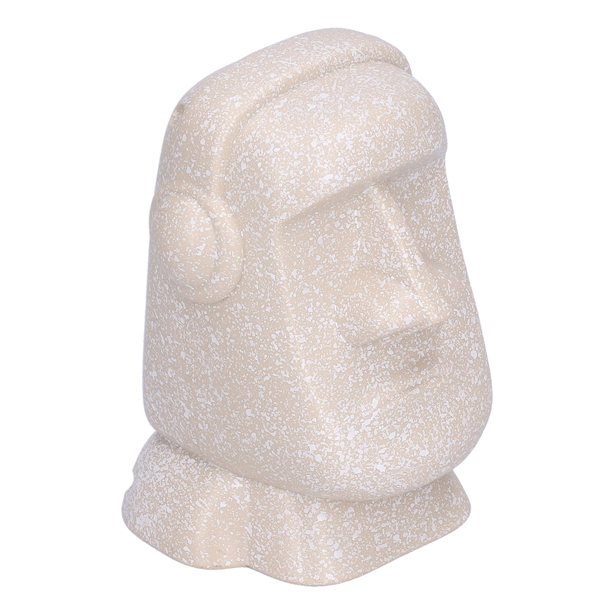 Nahaufnahme eines beigen Moai-Statuenkopfes mit gesprenkelter Textur. Es ist hellbeige.