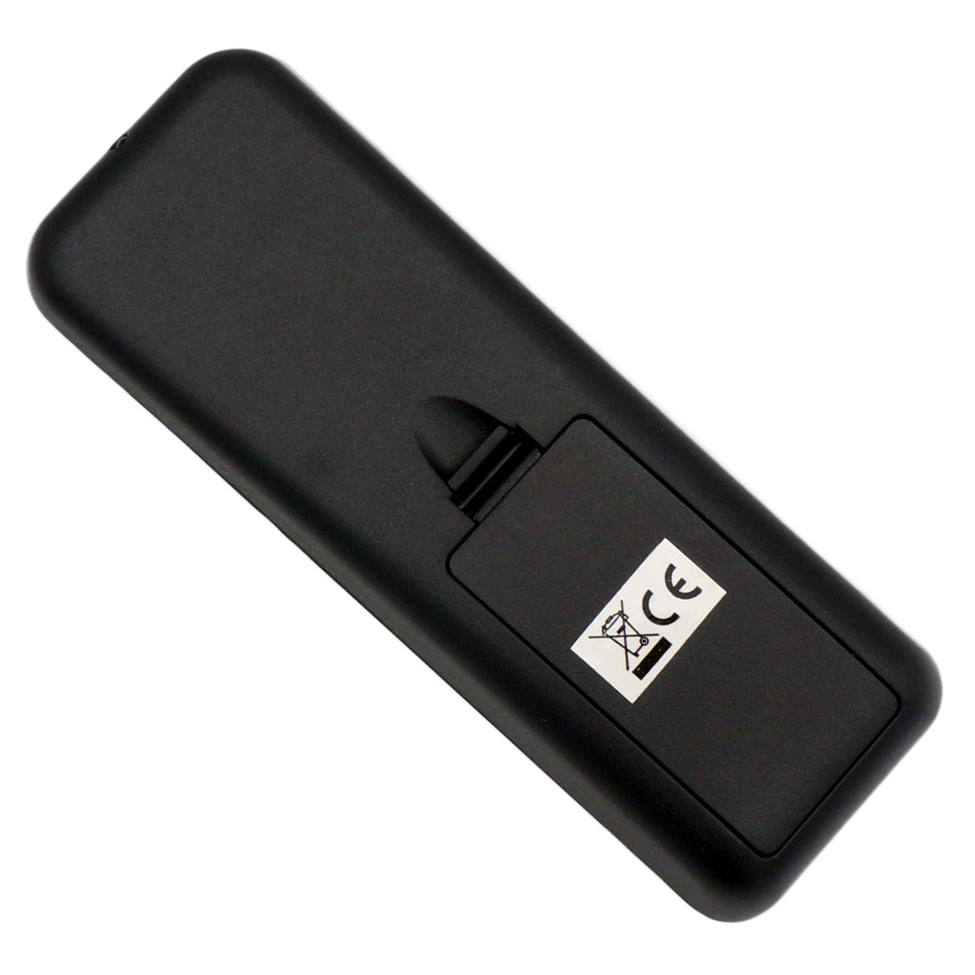 Schwarze Fernbedienung mit Batteriefach und CE-Aufkleber auf der Rückseite.