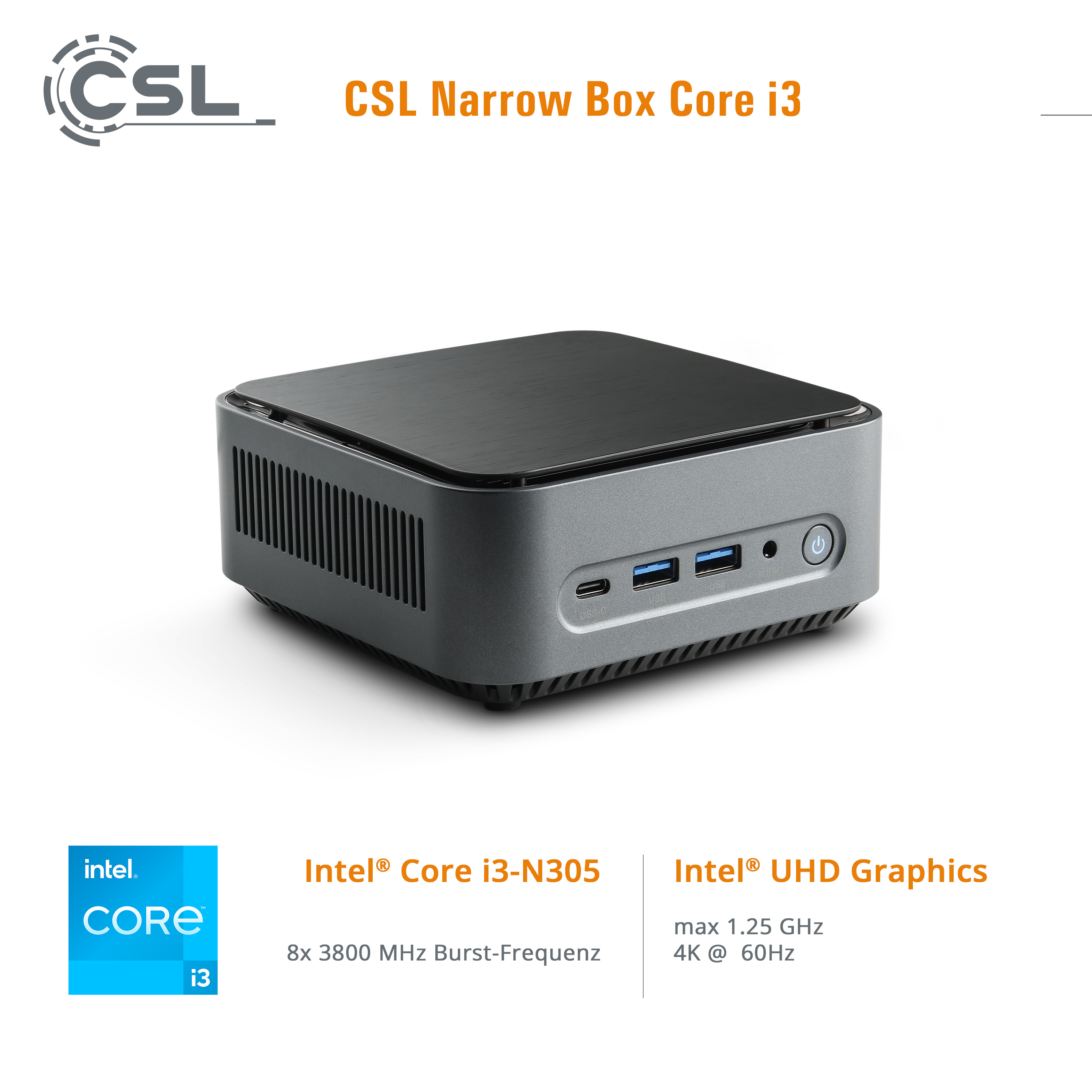 Ein kleiner, grauer Computer mit dem Text 'CSL Narrow Box Core i3'. Das Intel Core i3 Logo ist ebenfalls vorhanden.