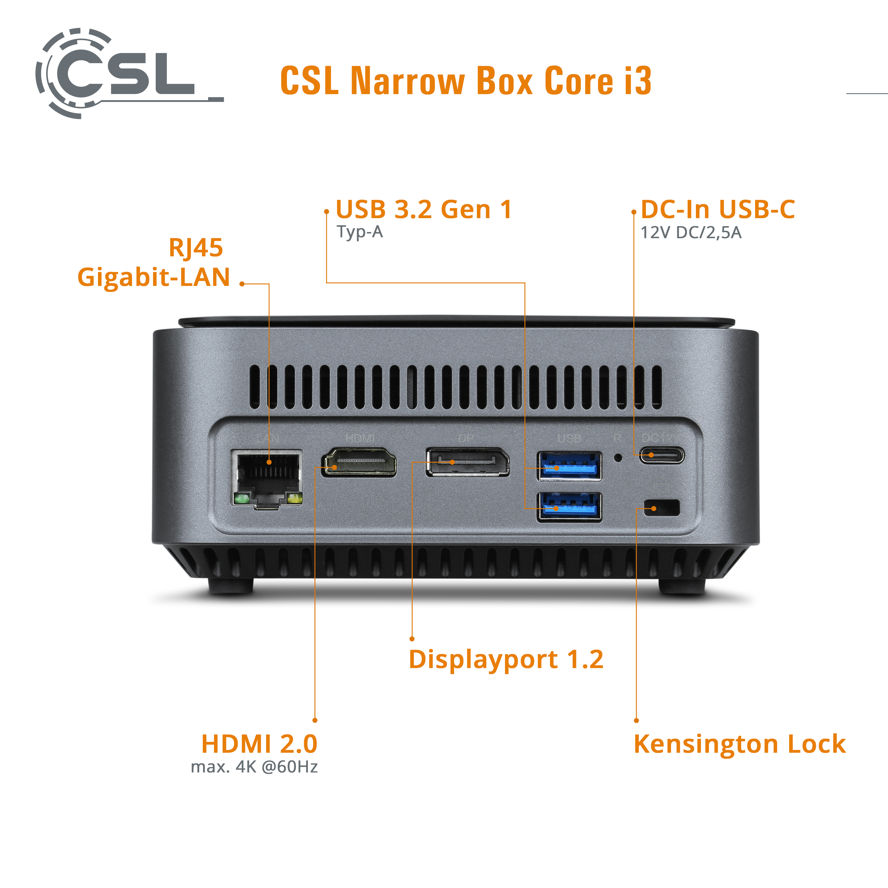 Small gray computer with ports and labels. Text on the top: CSL Narrow Box Core i3.
