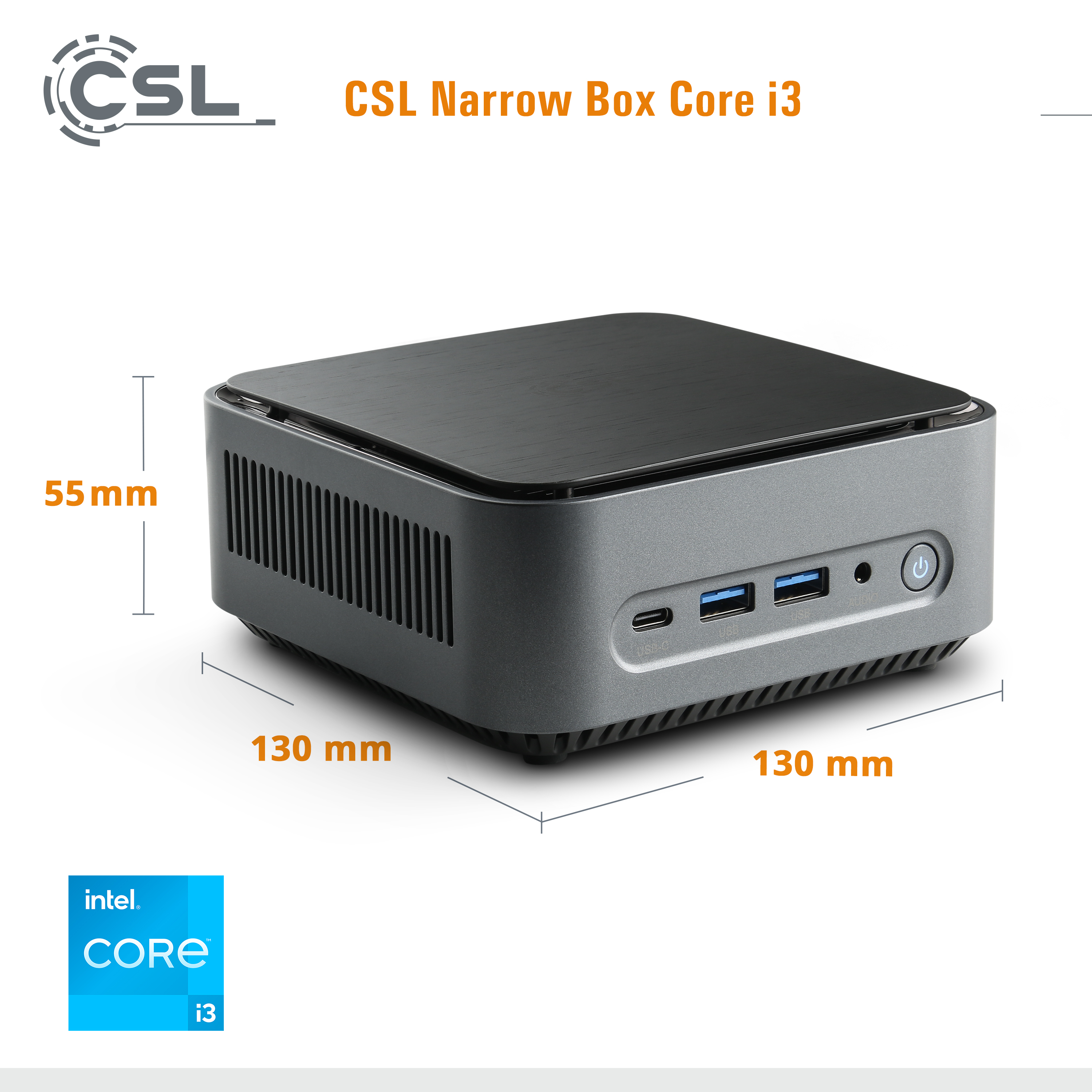 Ein kleiner, grauer Computer mit angegebenen Abmessungen. Das Intel Core i3-Logo befindet sich unten.