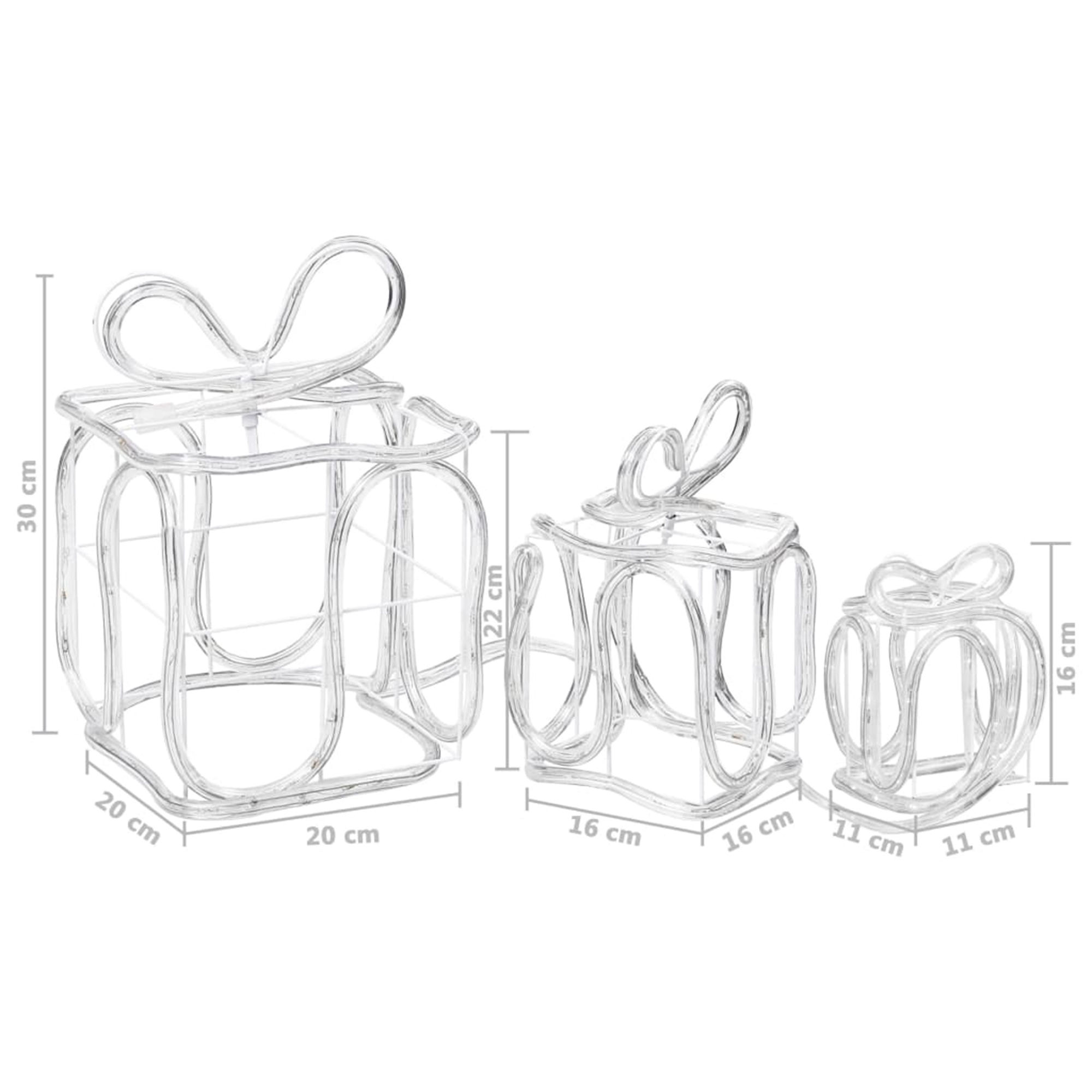 Drei transparente Geschenkboxen in verschiedenen Größen mit einer Schleife oben auf weißem Hintergrund.