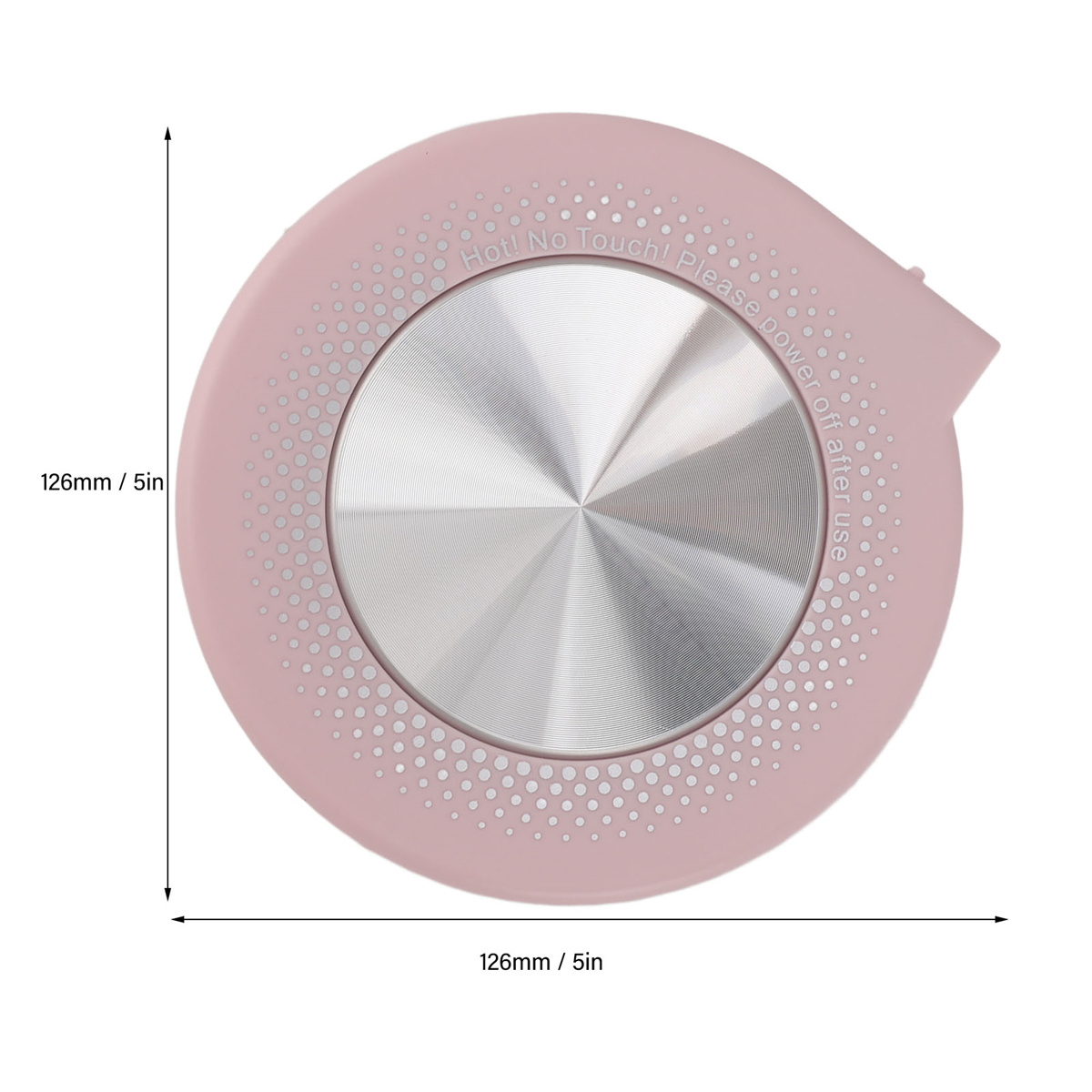 Ein rosa, kreisförmiges Gerät mit Abmessungen, metallischem Mittelteil und Sicherheitshinweis.