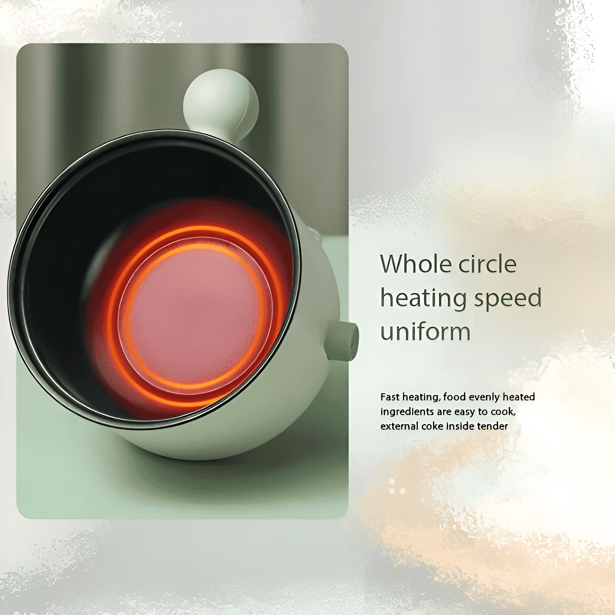 Weißer Topf mit orangem Heizelement. Text: Gleichmäßige Heizgeschwindigkeit im ganzen Kreis.