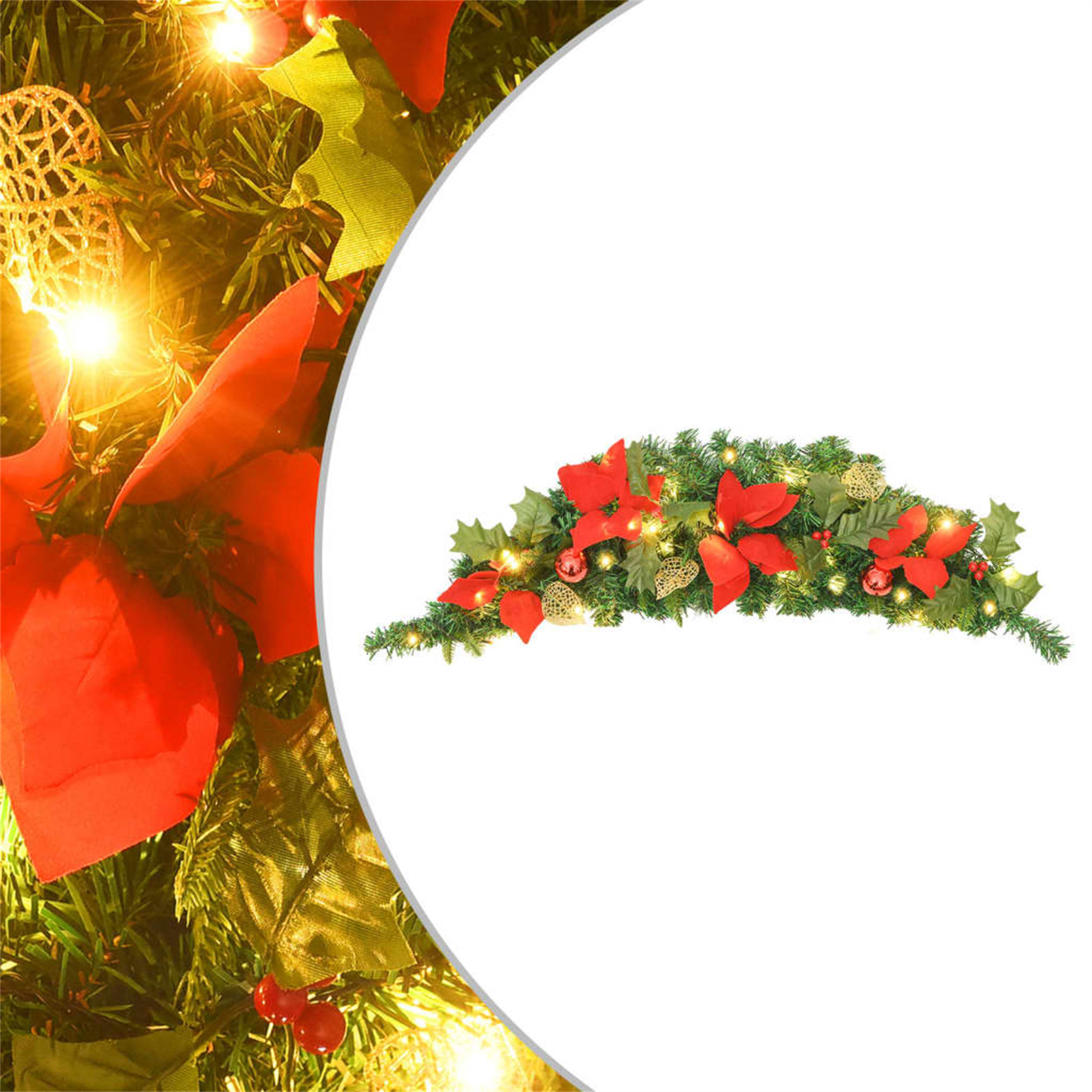 Weihnachtsdekoration mit roten Poinsettien, grünen Blättern und Lichtern, auf weißem Hintergrund.