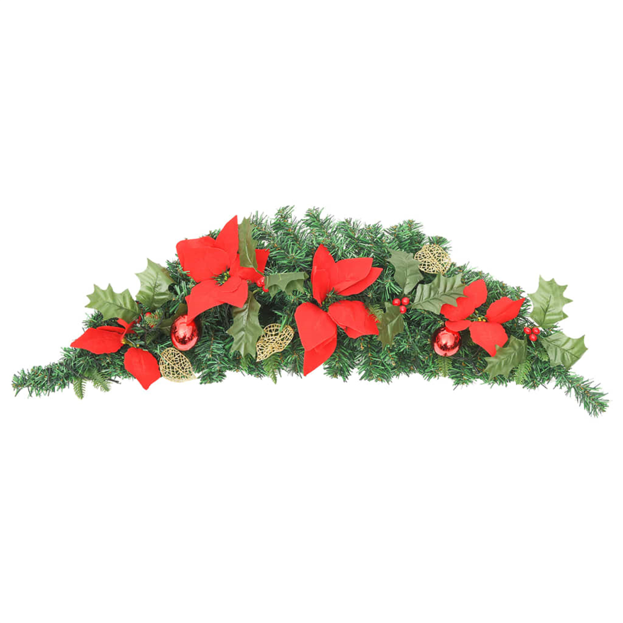 Weihnachtsgirlande mit roten Weihnachtssternen, grünen Blättern und goldenen Ornamenten.