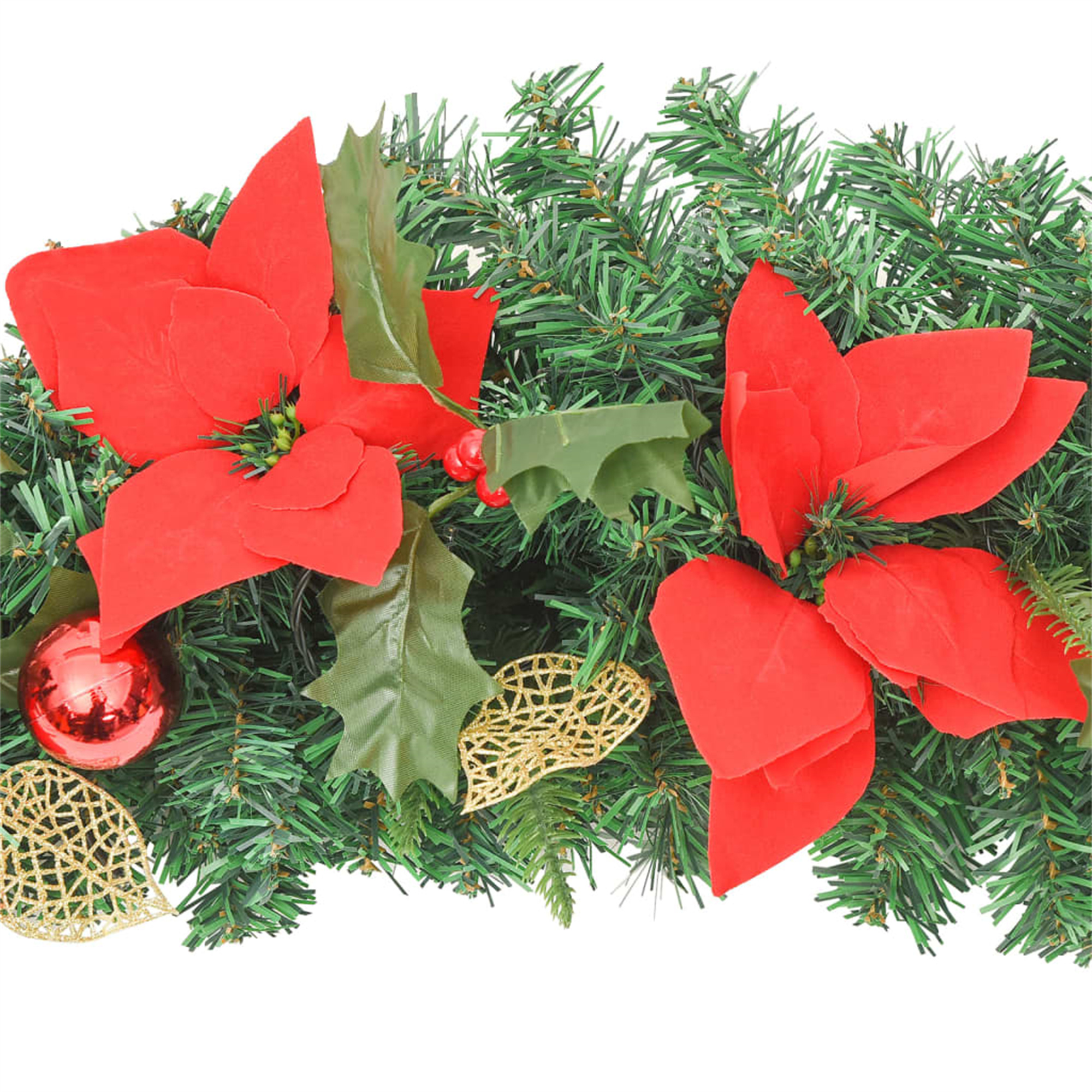 Weihnachtsgirlande mit roten Poinsettien, grünen Blättern und roten Kugeln.