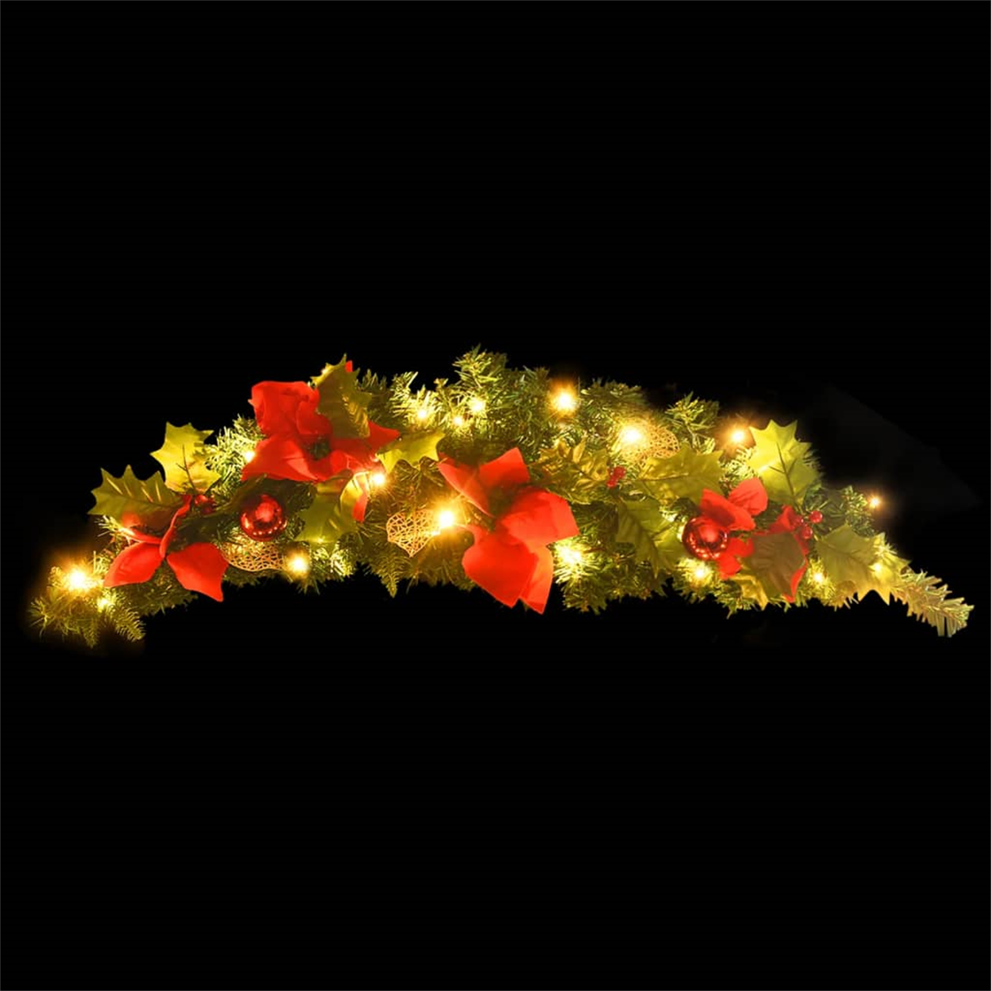 Weihnachtsdekoration mit grünen Blättern, roten Schleifen und goldenen Lichtern auf schwarzem Grund.