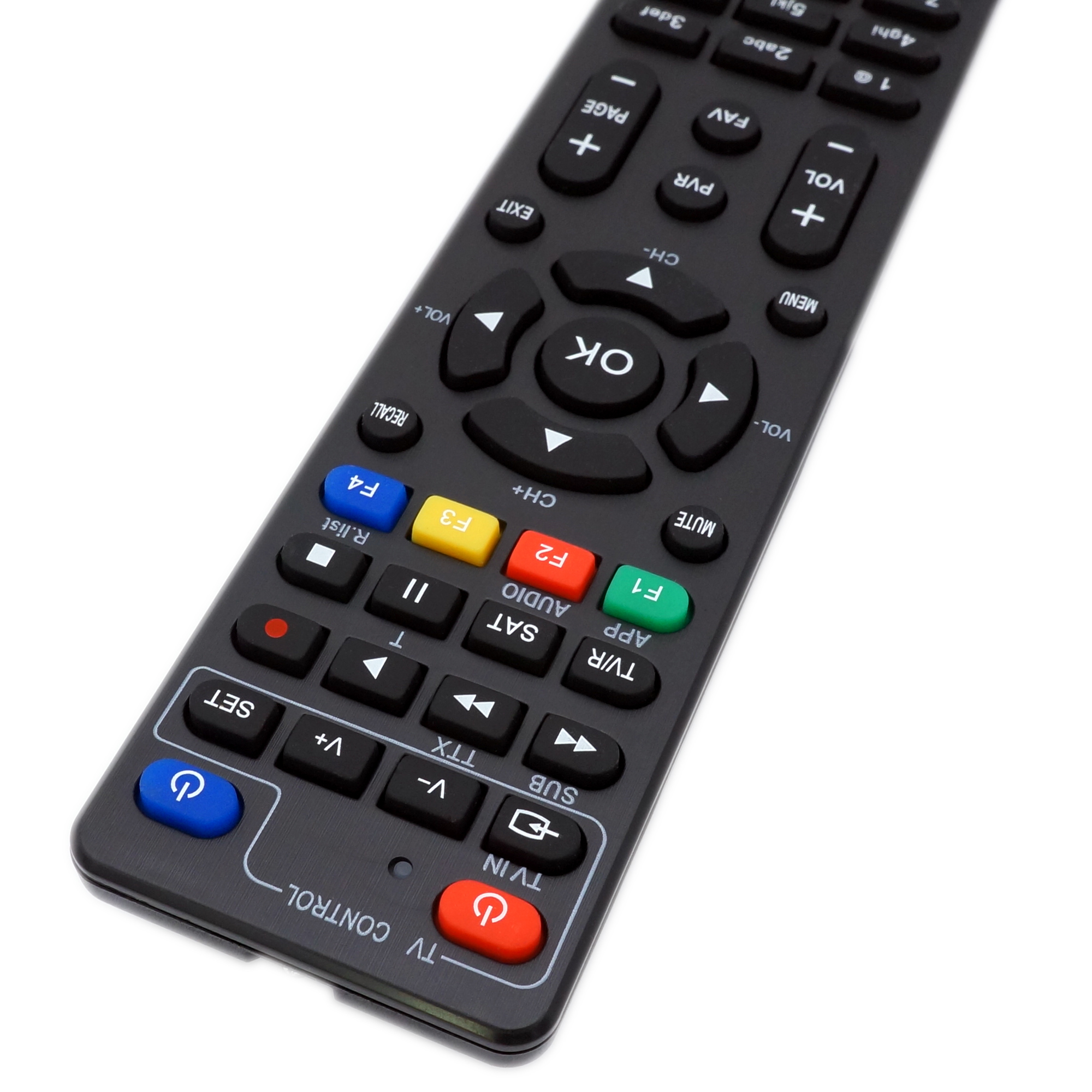 Eine schwarze Fernbedienung mit vielen Tasten für einen Fernseher, mit weißem Hintergrund.