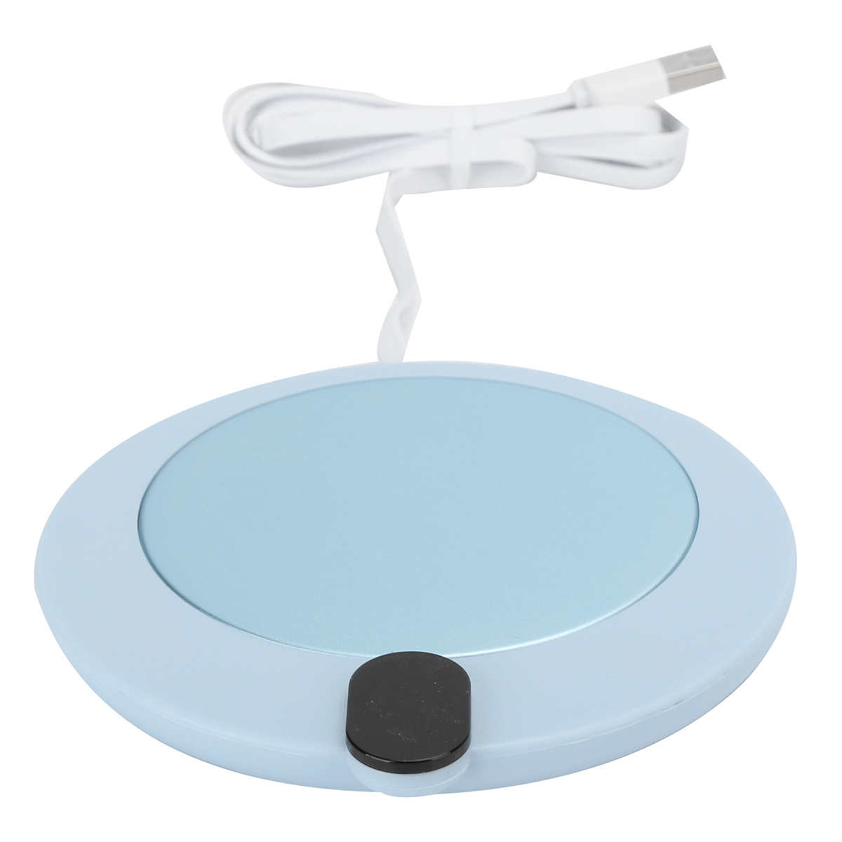 Ein blauer, kreisförmiger Tassenwärmer mit schwarzem Knopf und weißem USB-Kabel.