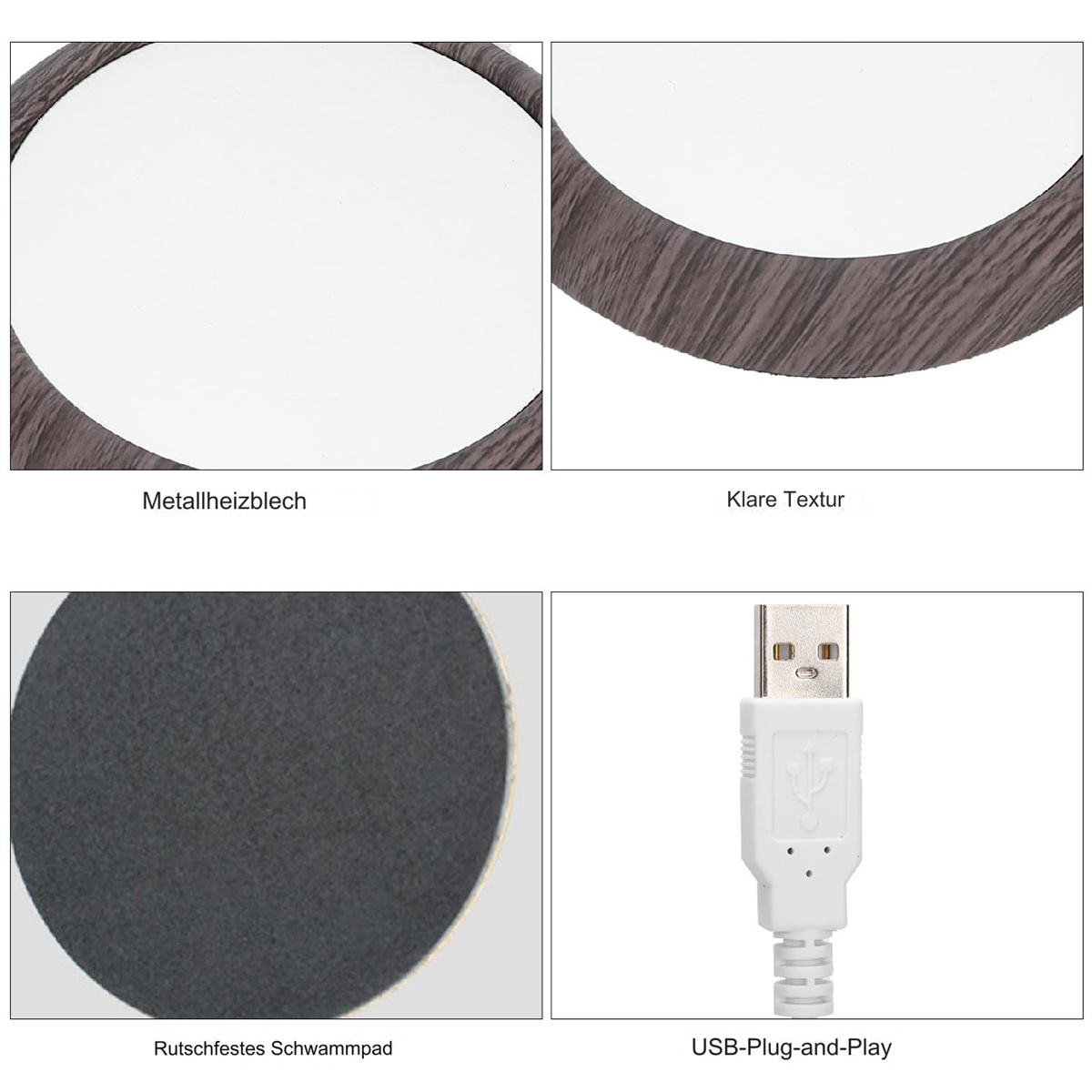 Nahaufnahmen: weißer Kreis, Holzmaserung und USB-Kabel.