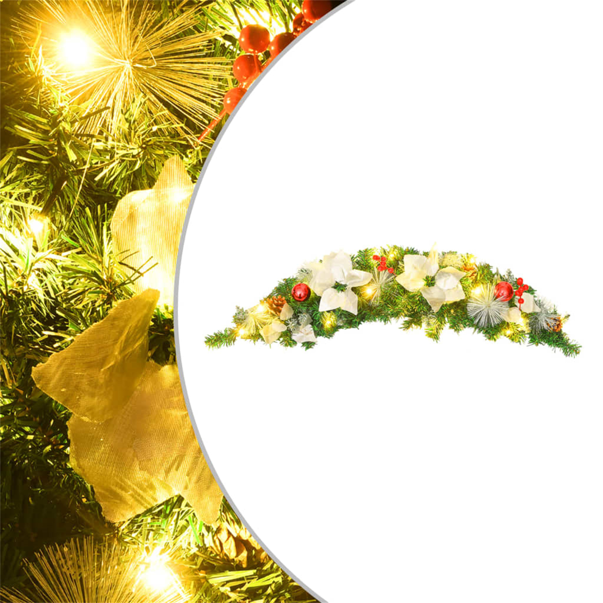 Weihnachts-Girlande mit Lichtern, Sternen und roten Beeren. Auf weißem Hintergrund dekoriert.