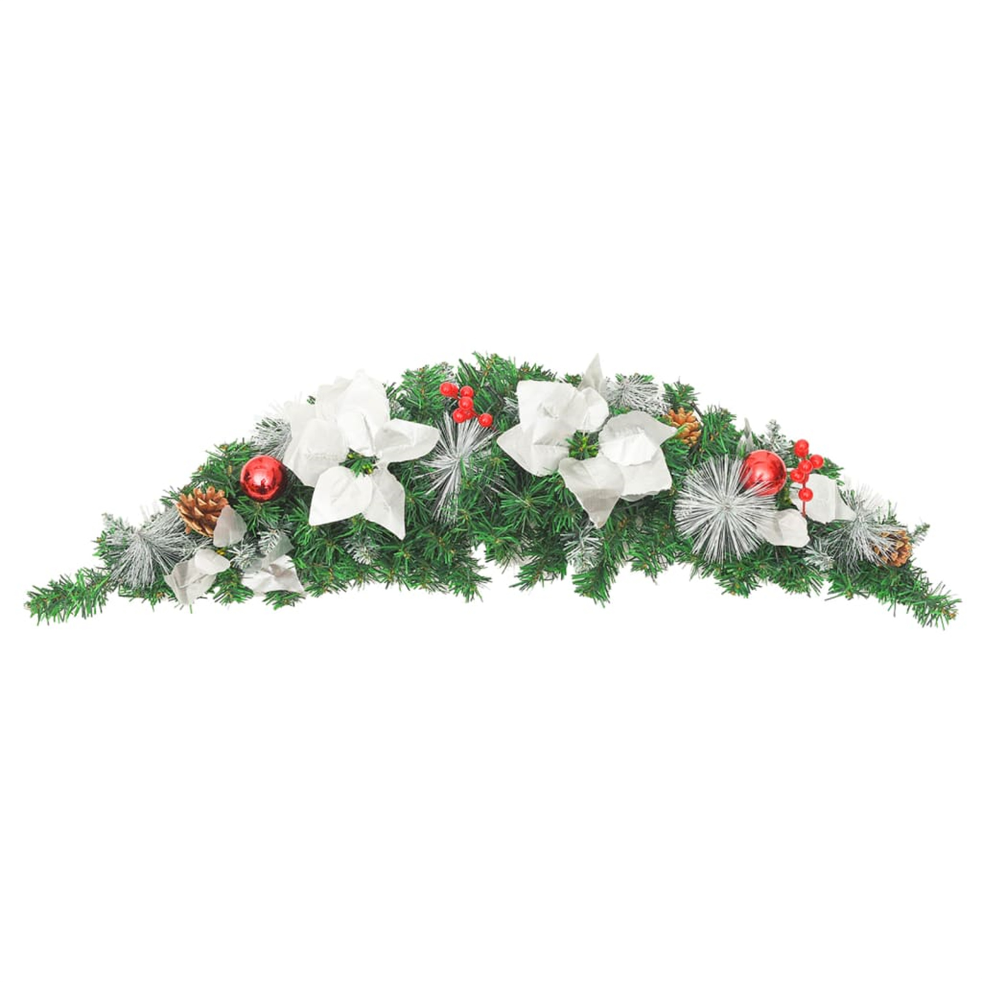 Eine Weihnachts-Girlande mit weißen Weihnachtssternen, roten Ornamenten, Tannenzapfen und Beeren.