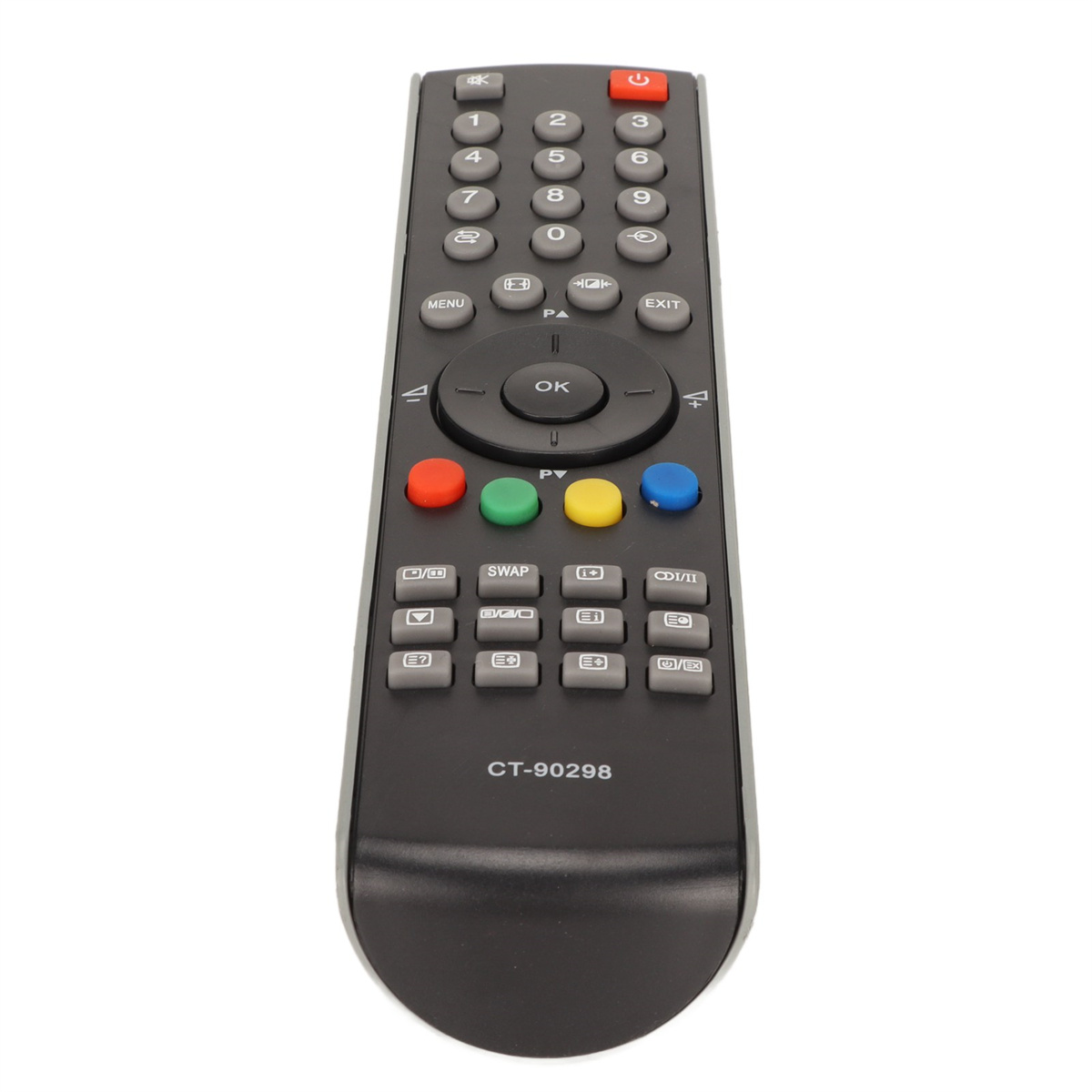Schwarze TV-Fernbedienung mit nummerierten Tasten, Navigationstasten und Funktionstasten. Marke ist CT-90298.