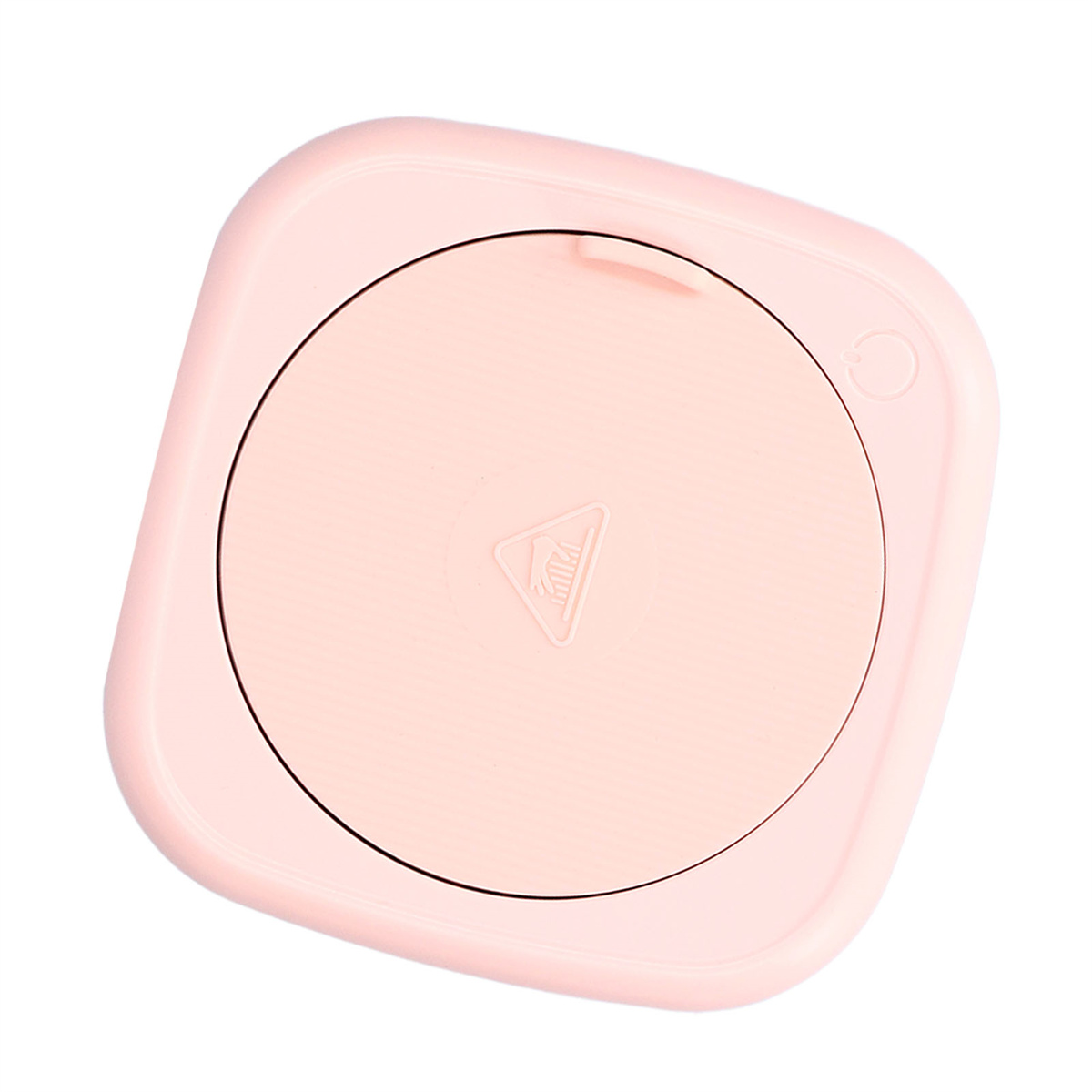 Ein rosa, quadratischer Tassenwärmer mit kreisförmiger Heizfläche und Betriebsanzeige.