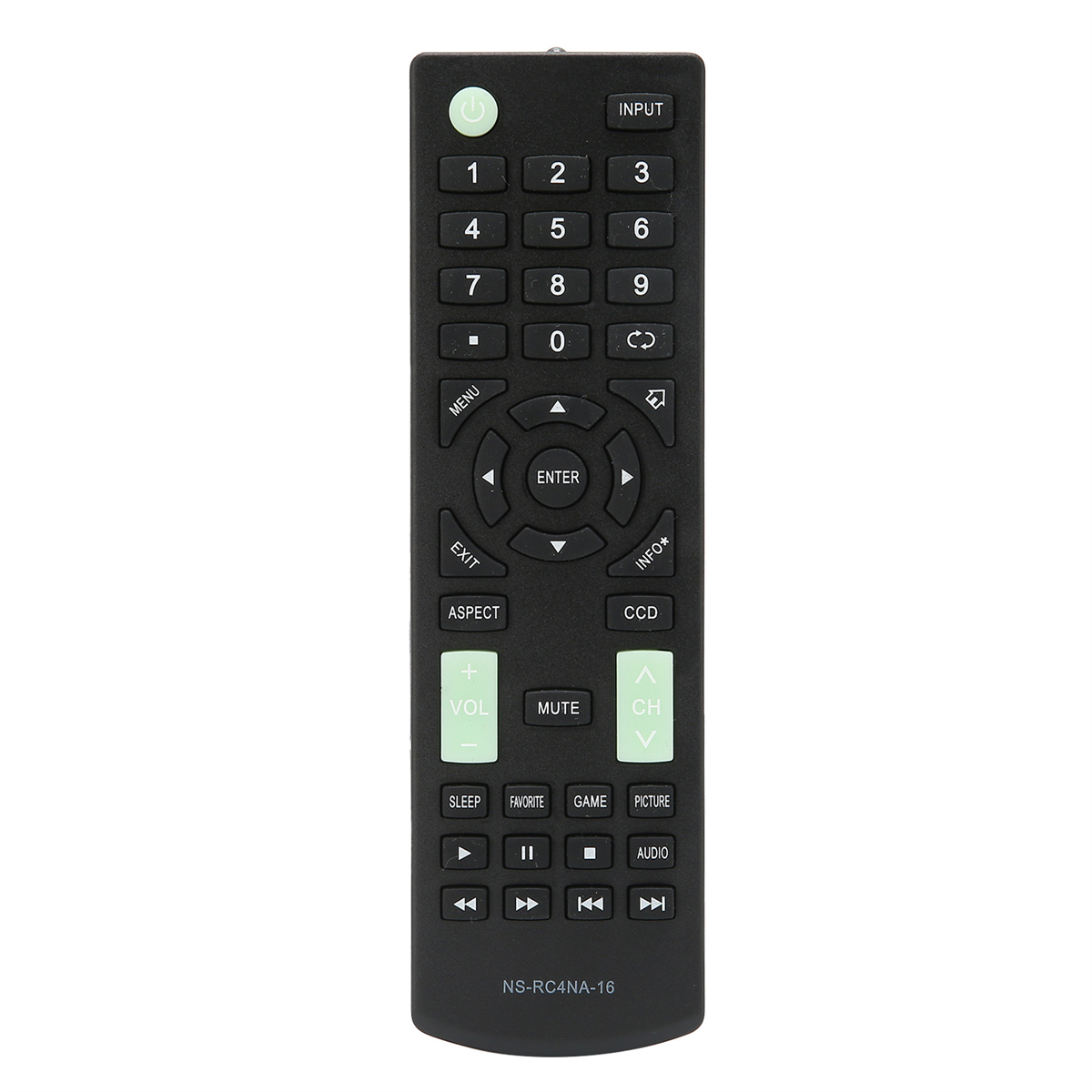 Schwarze TV-Fernbedienung mit Tasten für Zahlen, Menü, Lautstärke, Kanäle usw.