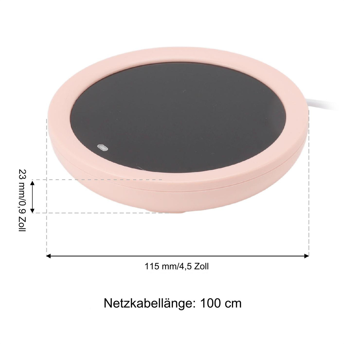 Ein rosa, runder, elektrischer Tassenwärmer mit schwarzer Oberfläche und weißem Netzkabel.