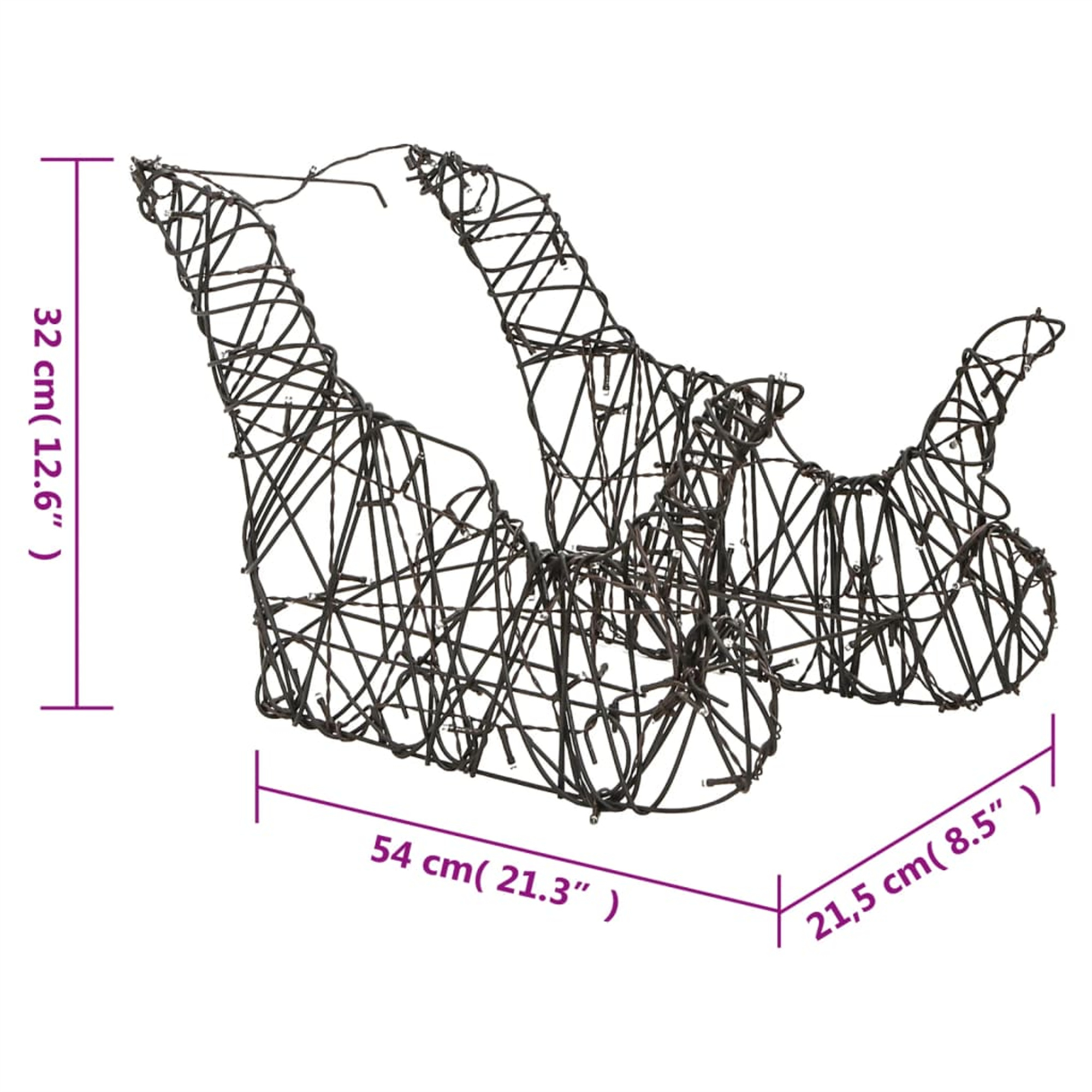 Dekorativer Schlitten aus gewebtem Metall, mit Maßangaben.