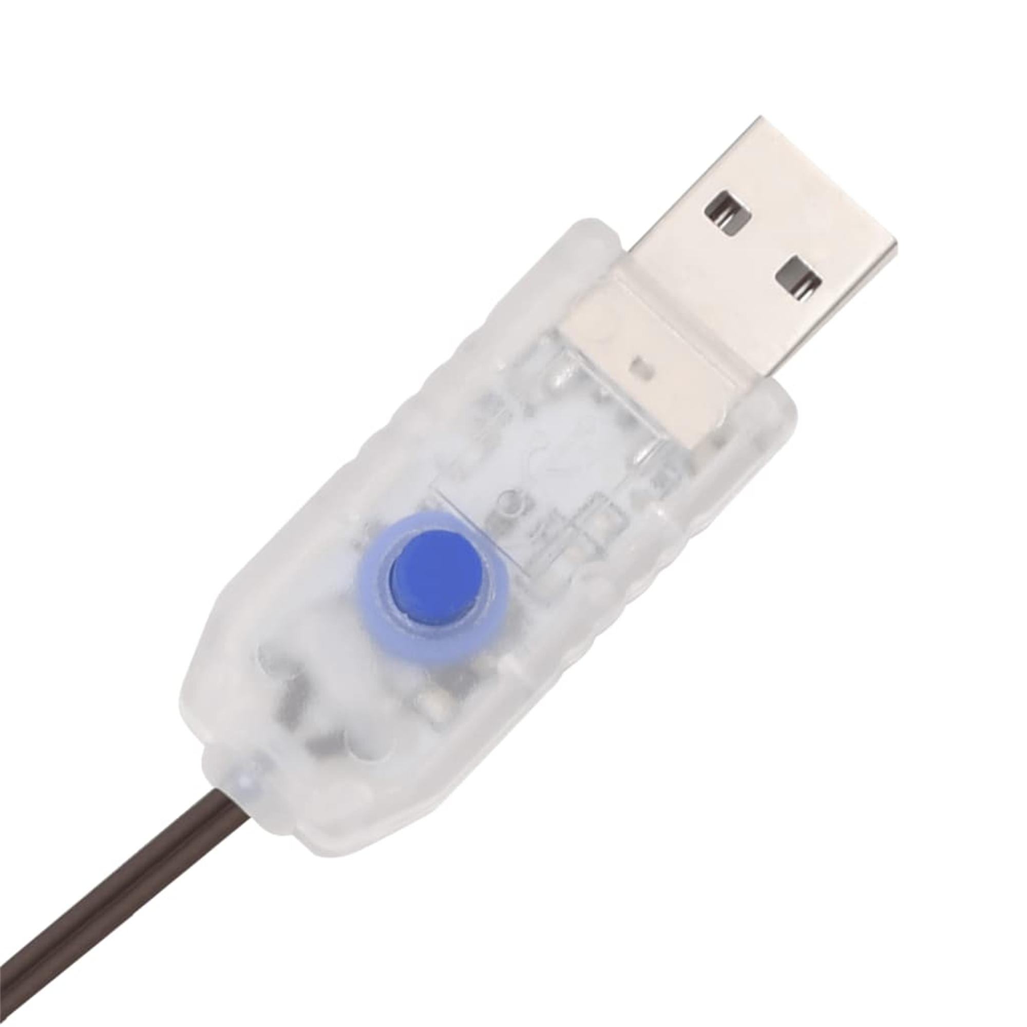 Ein USB-Anschluss mit transparentem Kunststoffkörper, verbunden mit einem braunen Kabel und einem blauen Knopf.