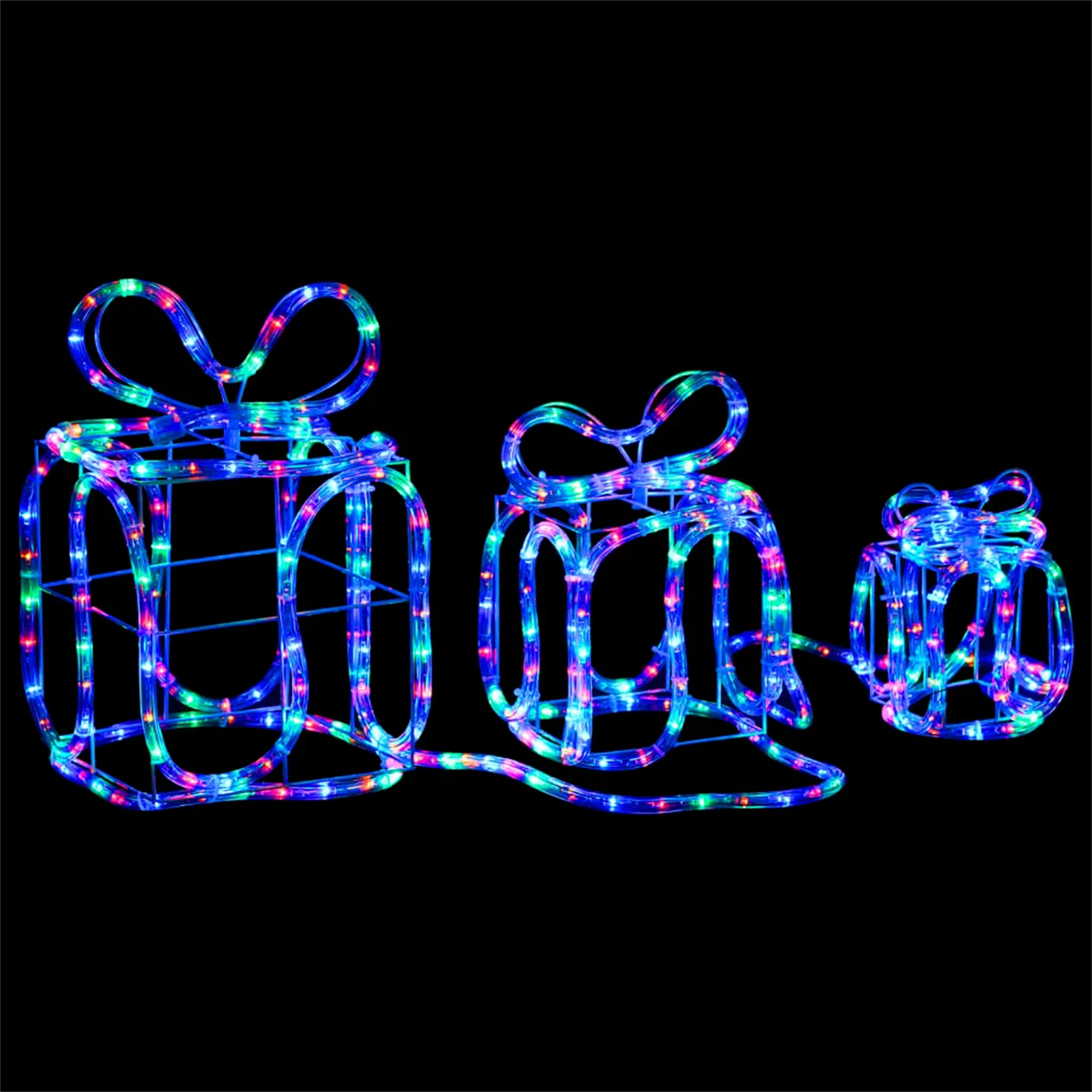 Drei Weihnachtsgeschenkdekorationen aus blauen, grünen und roten Lichtern.