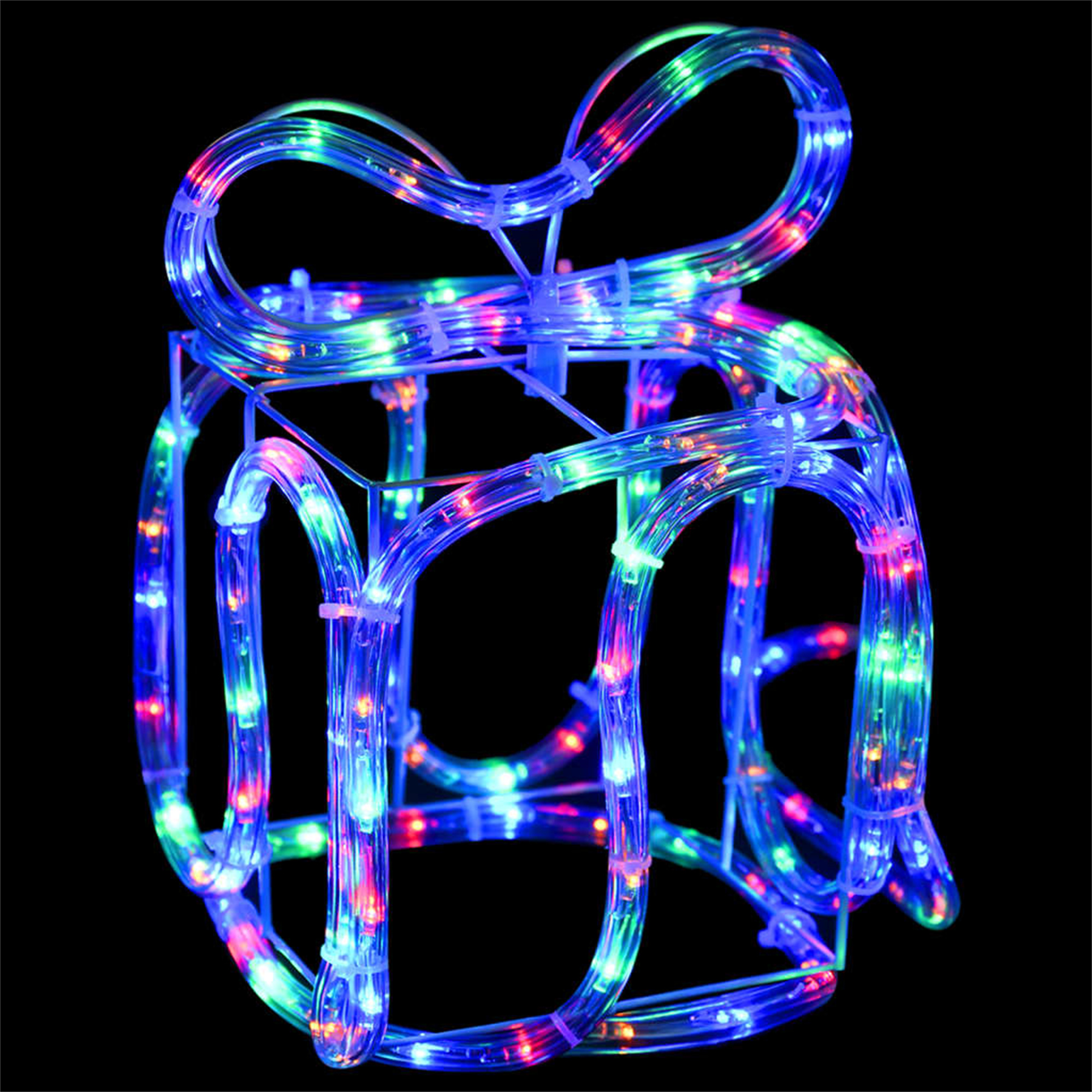 Eine blaue, geschenkförmige Lichtanzeige mit bunten Lichtern im Inneren, vor schwarzem Hintergrund.
