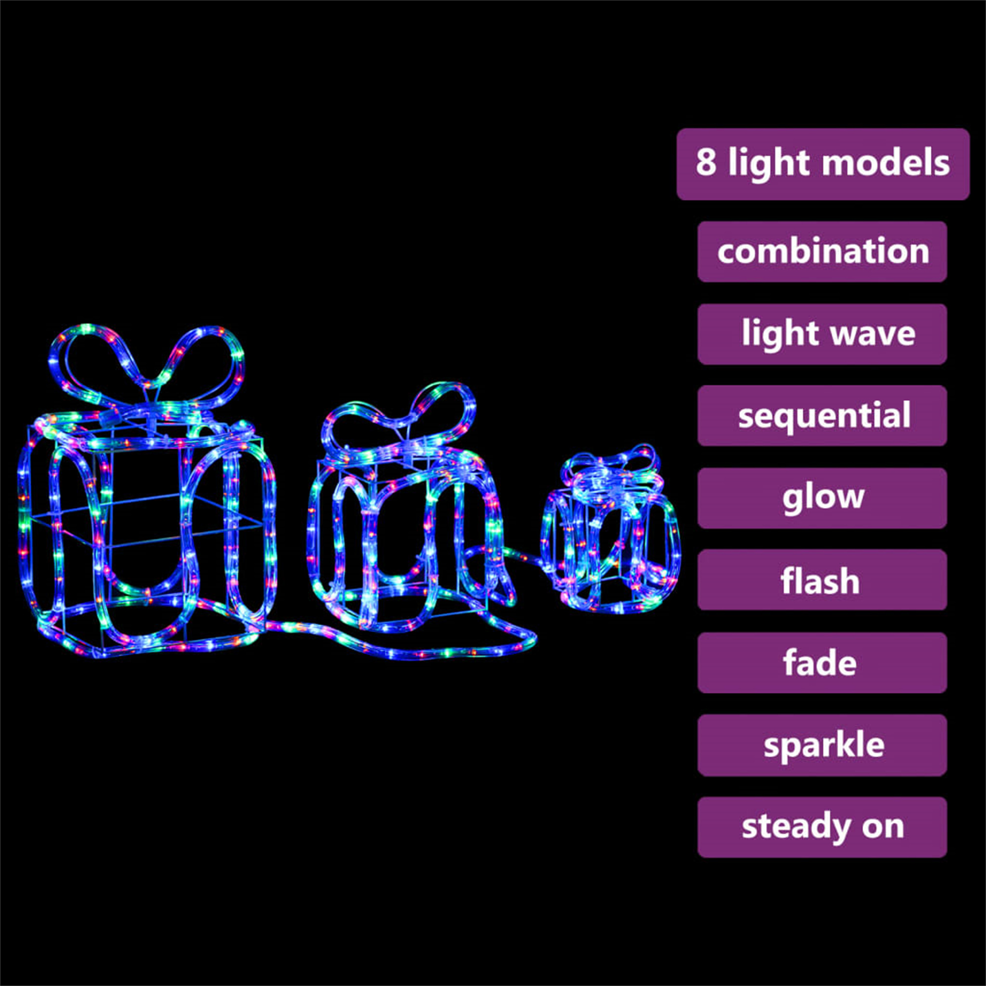 Drei Geschenkbox-Lichter mit verschiedenen Lichtmodellen: Kombination, Lichtwelle, sequenziell, Glimmen, Blinken, Verblassen, Funkeln.