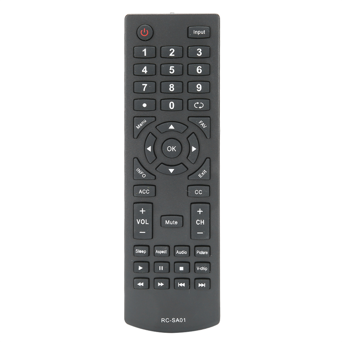 Eine schwarze TV-Fernbedienung mit nummerierten Tasten und anderen Funktionstasten.