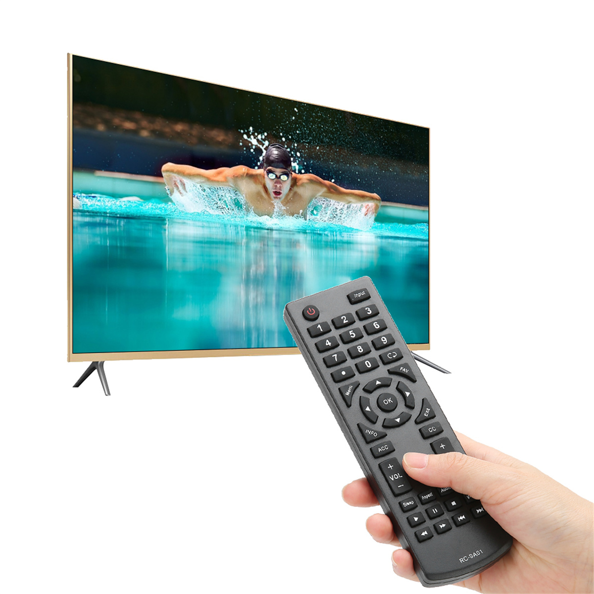 Fernseher mit Schwimmer, Hand hält Fernbedienung auf den Bildschirm.
