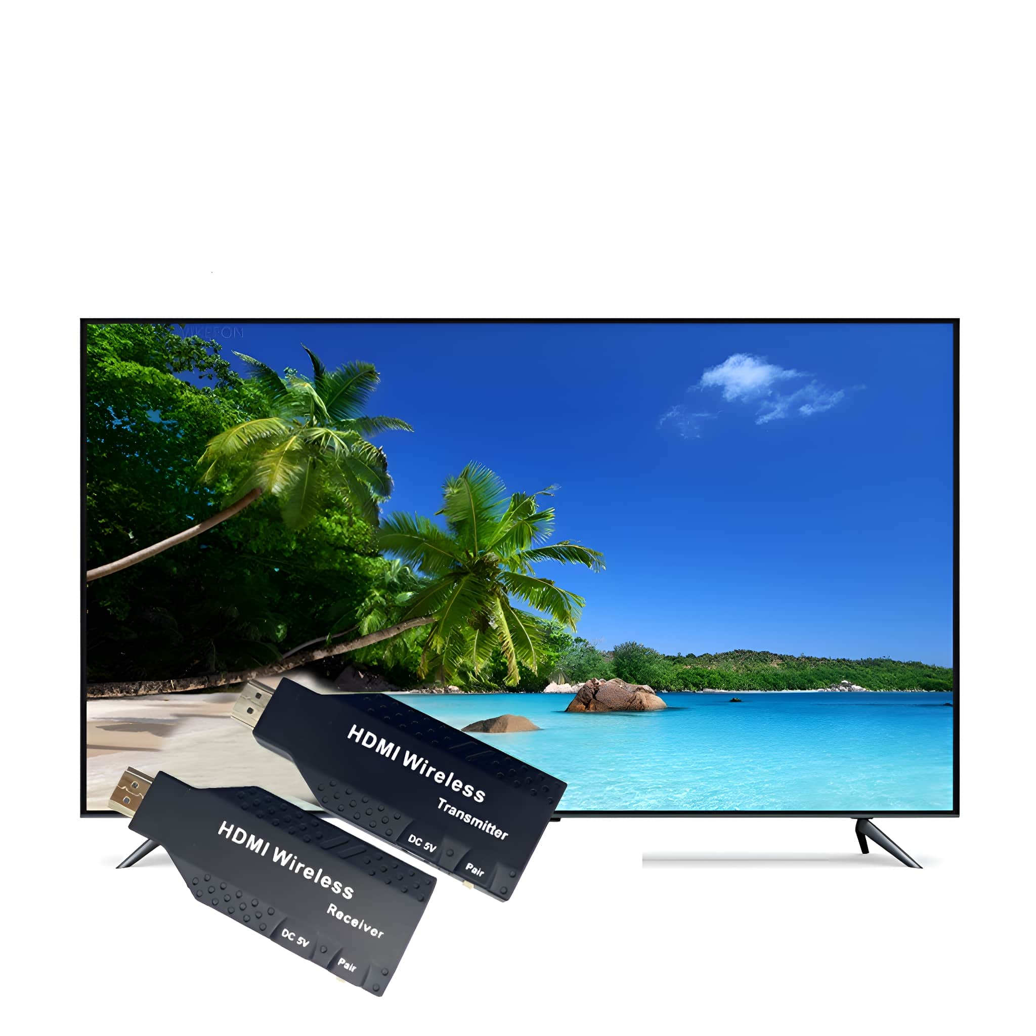 Ein Fernseher mit tropischer Strandszene und zwei HDMI-Wireless-Transmitter- und Empfängergeräten. Weißer Hintergrund.