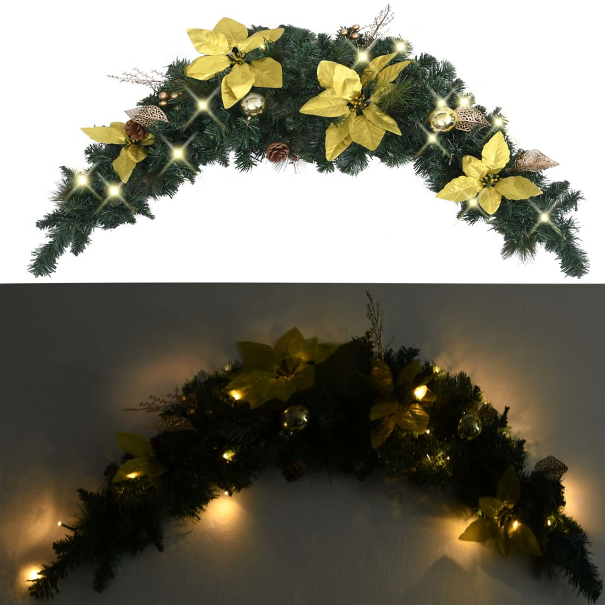 Zwei Bilder eines Weihnachtsgirlande mit goldenen Blumen und Lichtern. Eines ist beleuchtet, das andere nicht.
