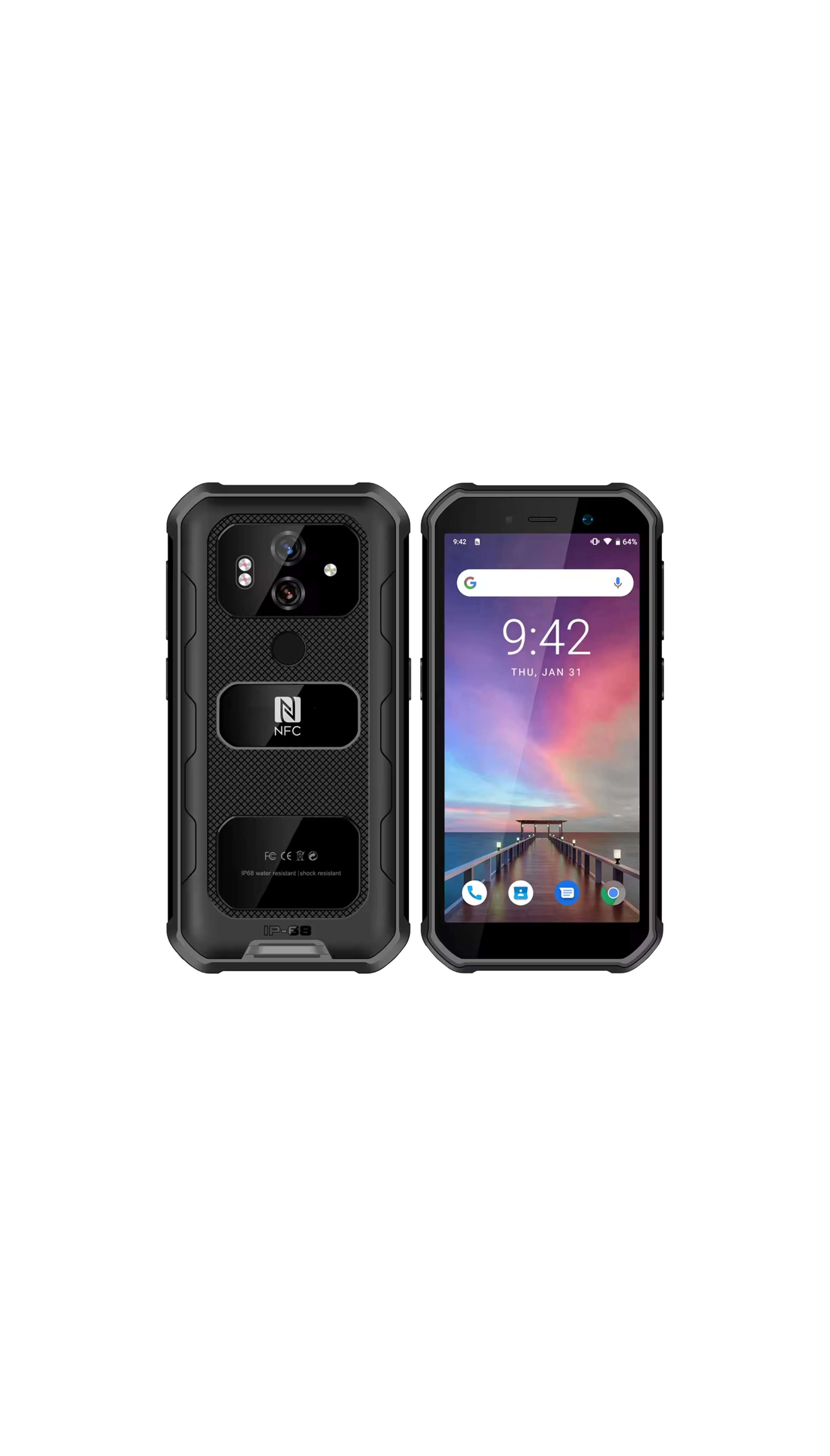 Smartphone nero robusto, viste anteriore e posteriore, con fotocamera e dettagli NFC.