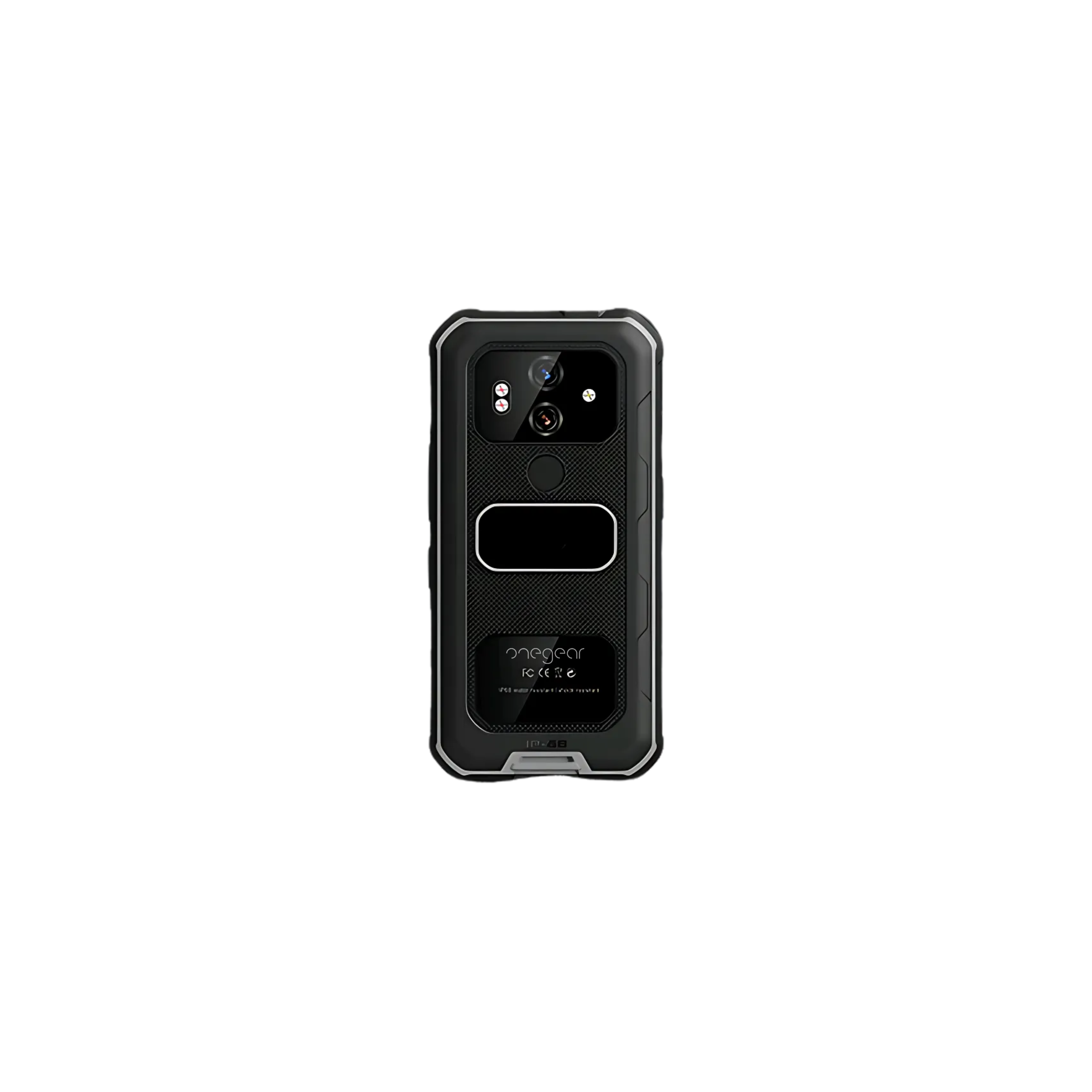 Smartphone nero robusto. Ha una doppia fotocamera e un pannello posteriore nero.
