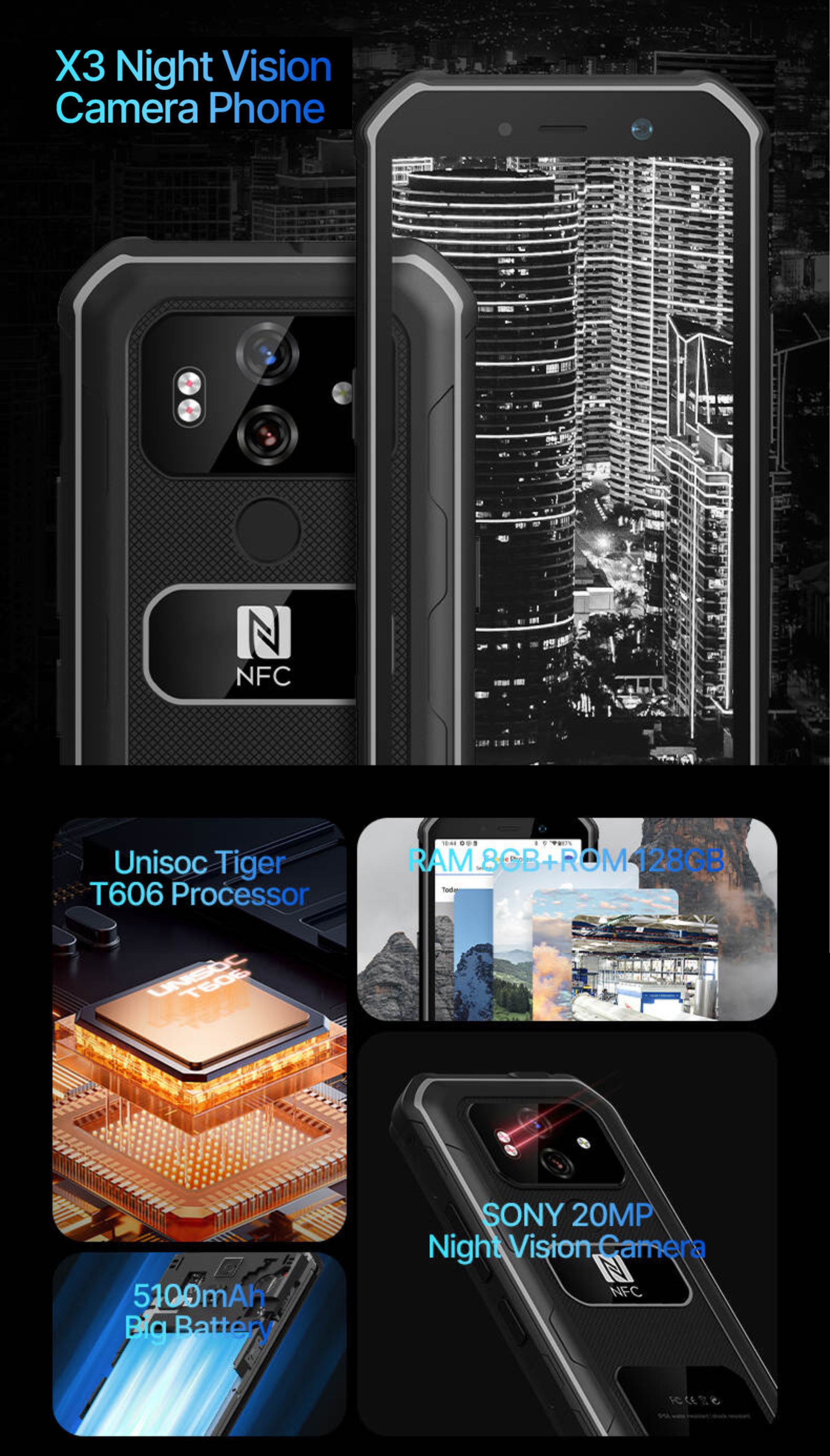 Telefono con specifiche. Dettagli della fotocamera per la visione notturna. Mostra il telefono con vista notturna.