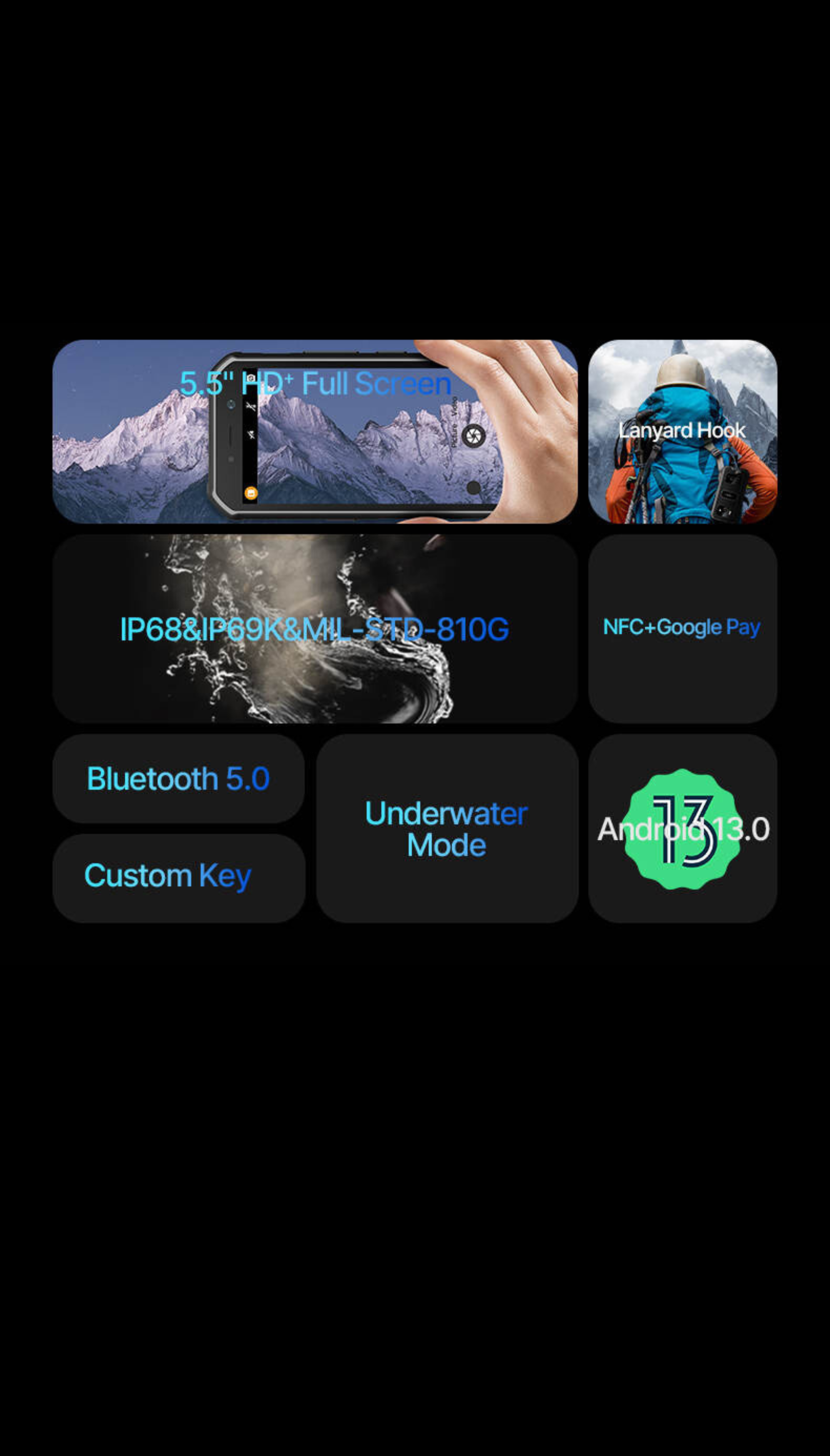 Un telefono nero robusto con icone e testo che indicano funzioni come impermeabile e NFC.