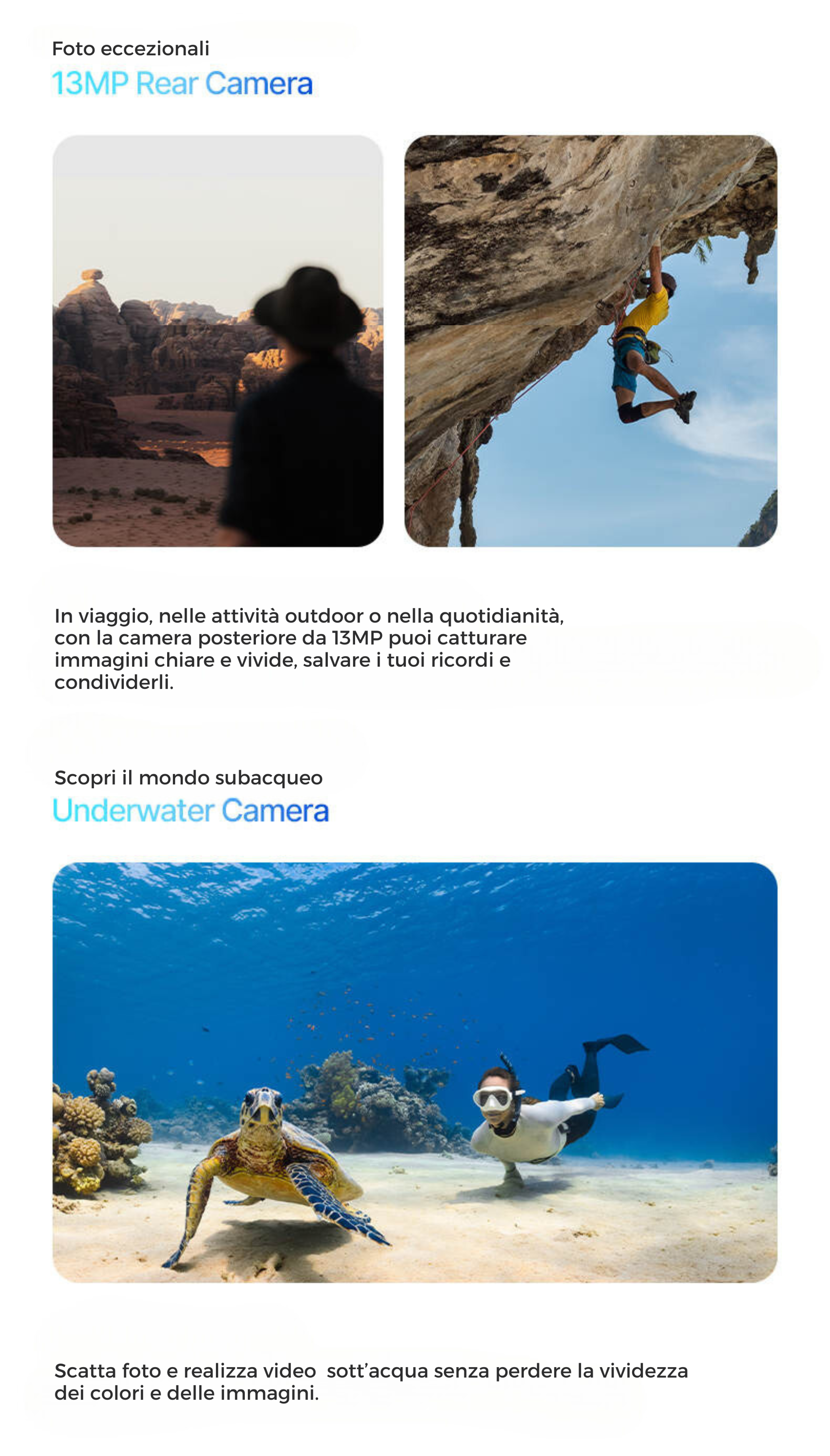 Foto di persone e scene subacquee, che promuovono le funzionalità della fotocamera.