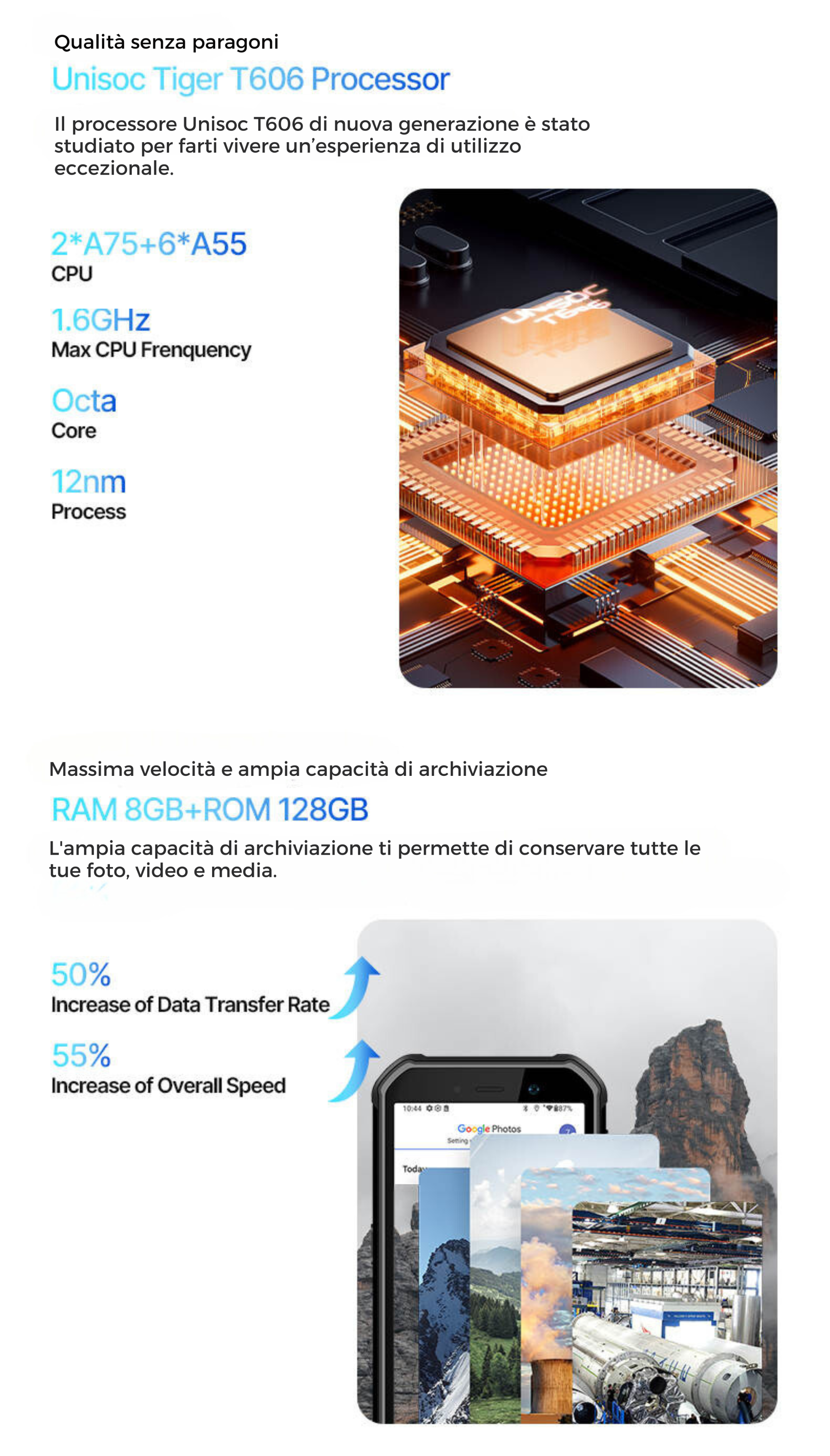 Infografica su processore, RAM e velocità di trasferimento dati di un telefono.