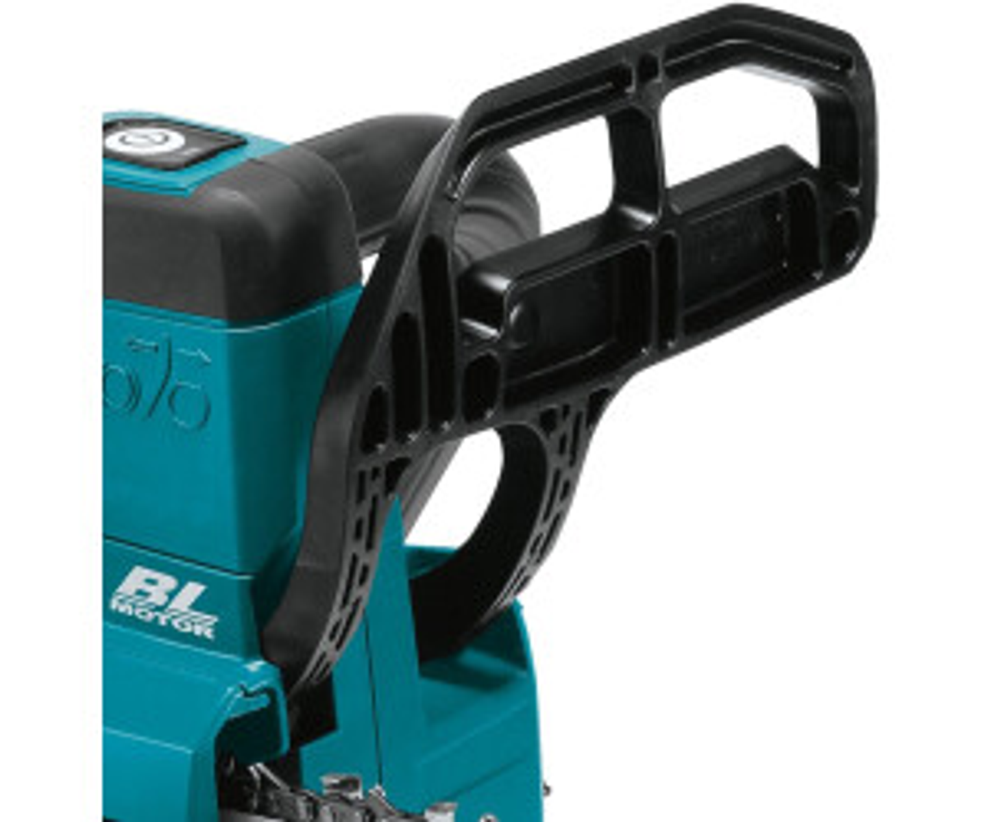 Turkusowo-czarna piła łańcuchowa Makita z czarnym uchwytem. Białe tło.