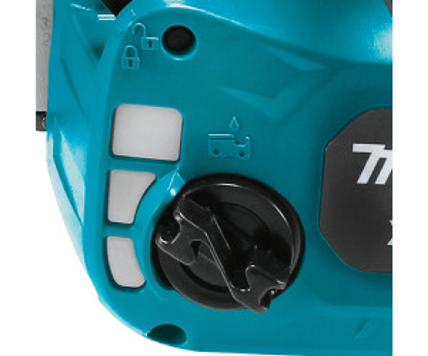 Zbliżenie boku niebiesko-zielonej piły łańcuchowej z korkiem wlewu i detalami.