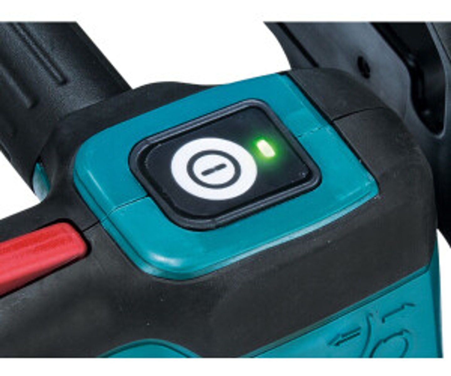 Zbliżenie turkusowo-czarnego elektronarzędzia z zielonym podświetlanym przyciskiem zasilania. Czarne tło.