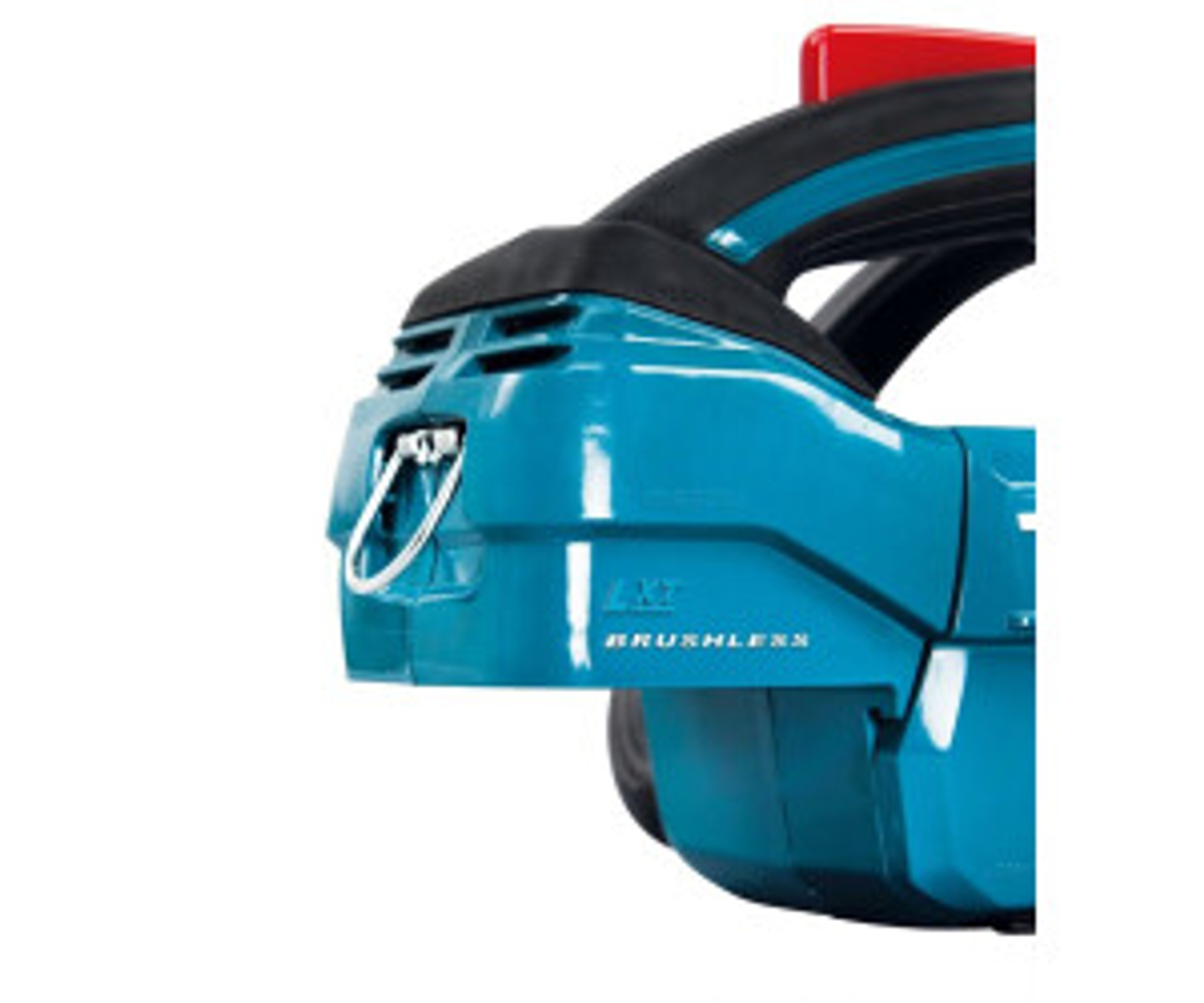 Zbliżenie niebiesko-czarnego elektronarzędzia, pokazujące część obudowy i czerwony uchwyt.