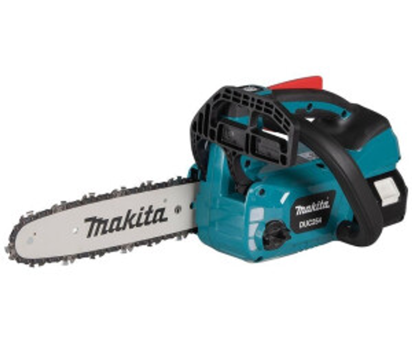 Niebiesko-zielona piła łańcuchowa Makita, leżąca na białej powierzchni. Ostrze skierowane w lewo.
