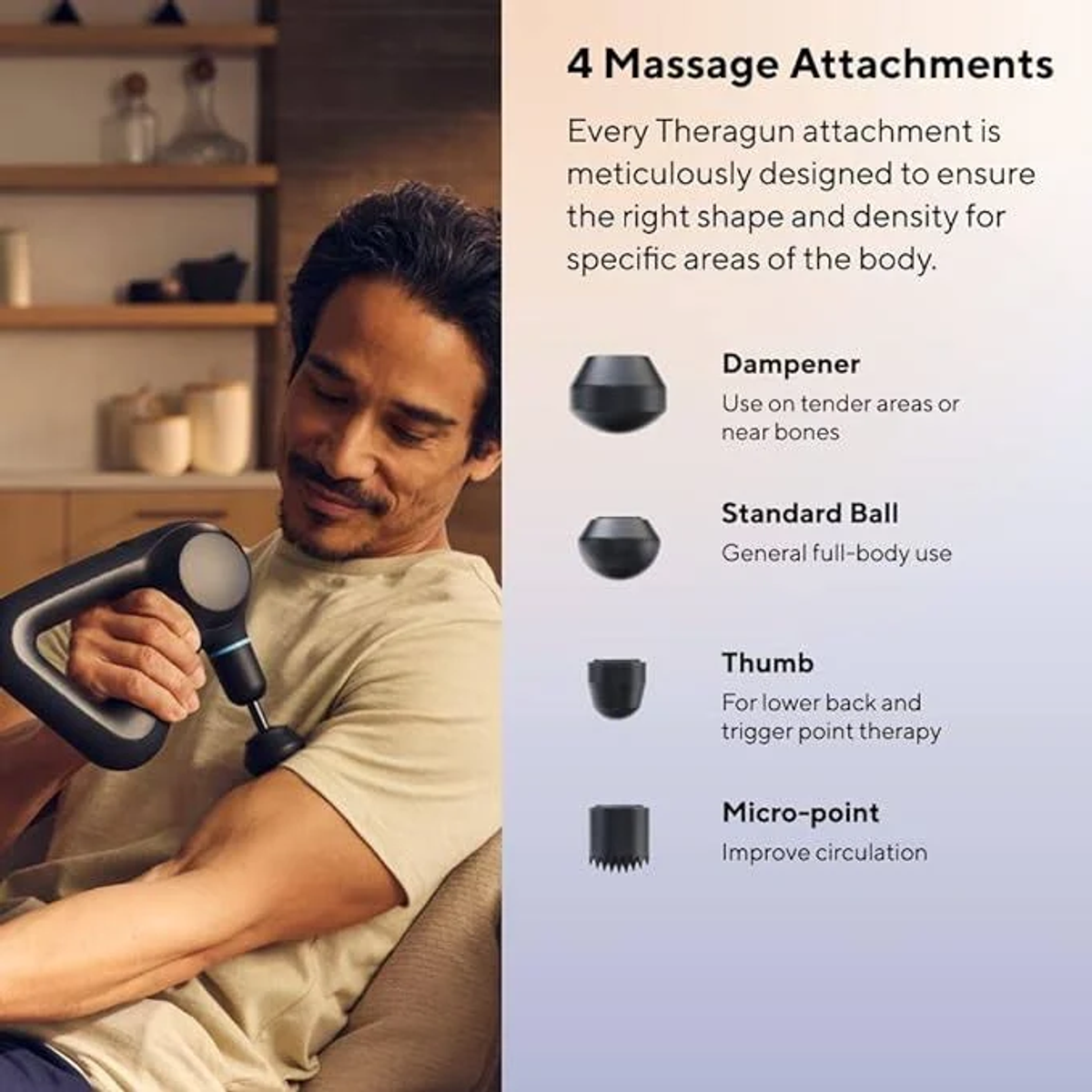 Mężczyzna używający pistoletu do masażu na ramieniu. Pokazuje nasadki i ich zastosowania.