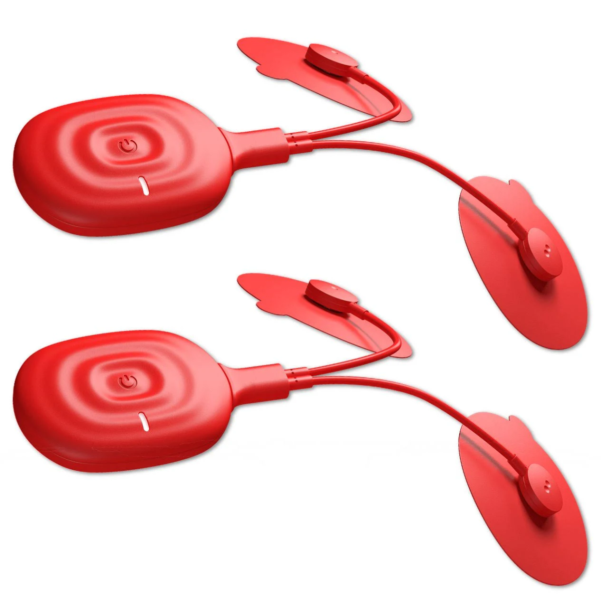 Dos dispositivos rojos circulares con botón de encendido, conectados a almohadillas rojas.