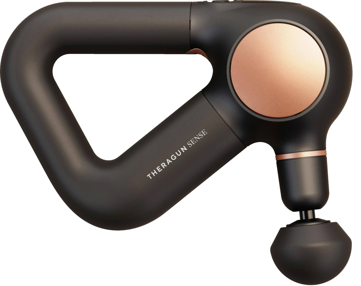 Dispositivo de masaje Theragun Sense negro, con un accesorio color cobre.