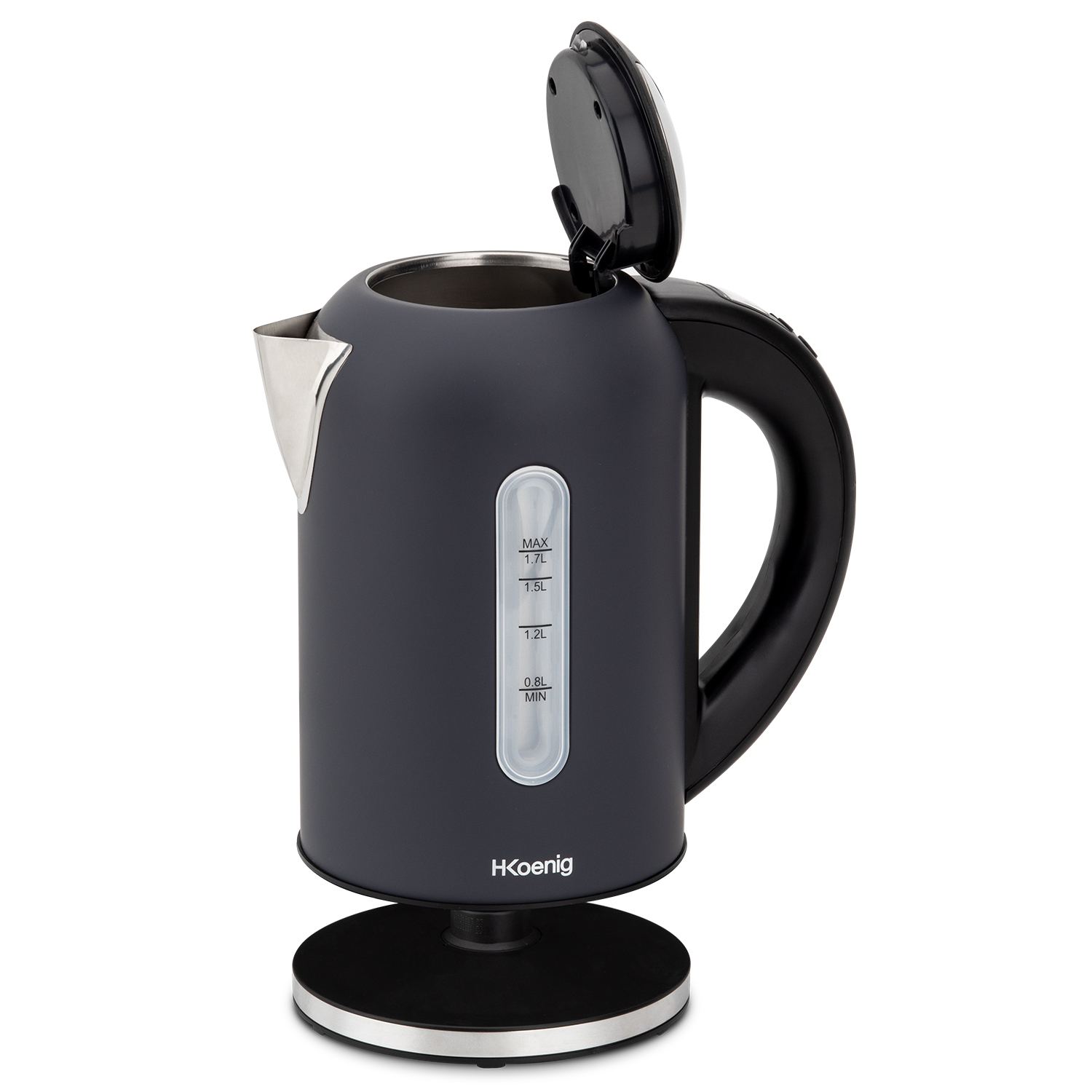 Donkergrijze waterkoker met een open deksel, met waterniveau-indicatoren.
