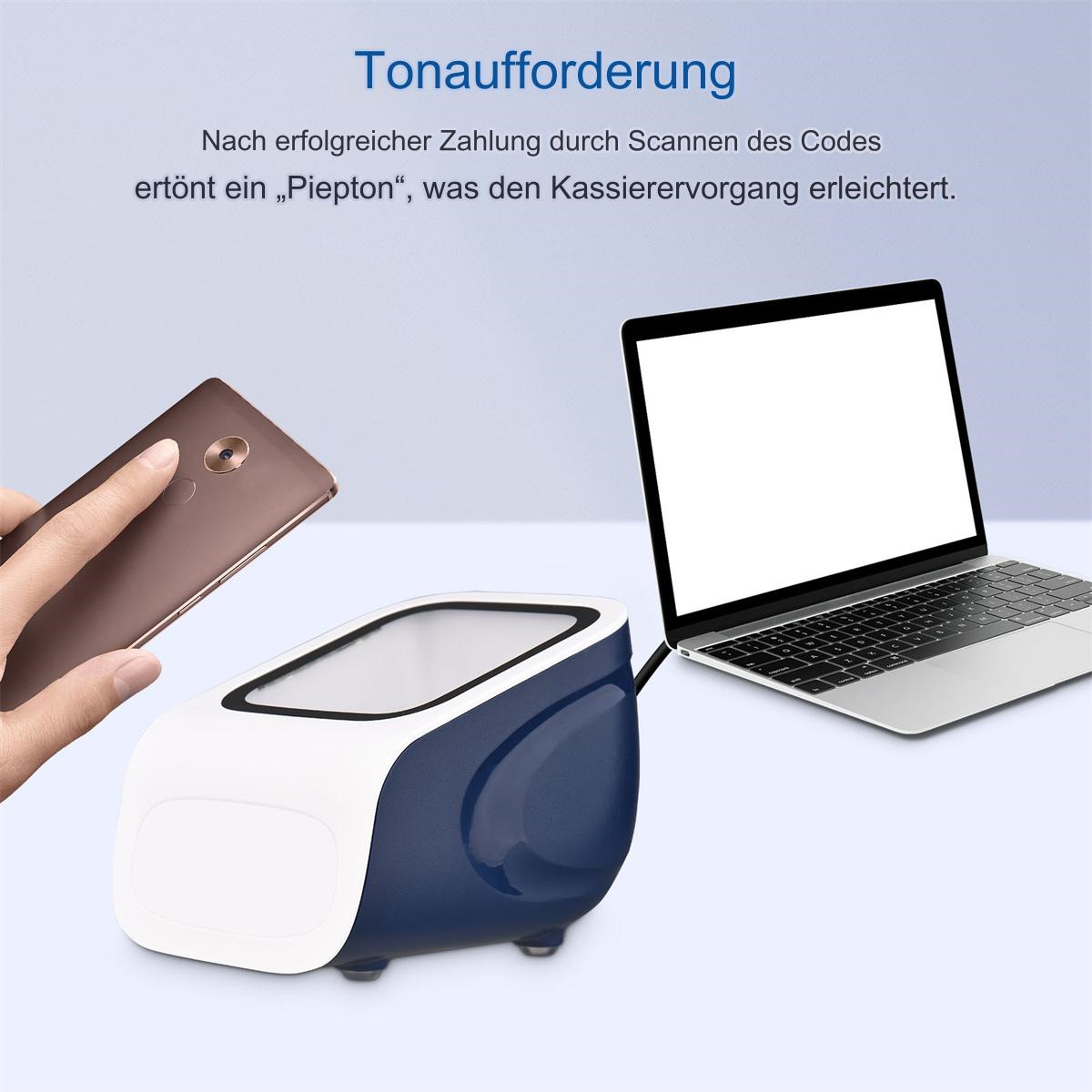 Eine Hand, die ein Telefon hält, ein Barcodescanner und ein Laptop auf einem Tisch.