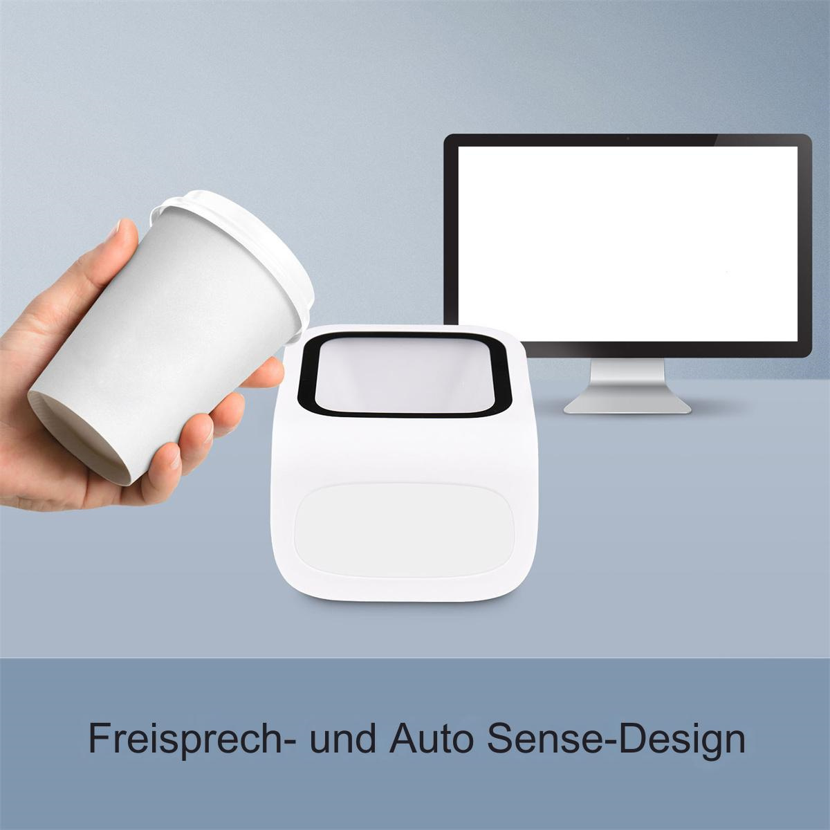 Eine Hand, die einen weißen Einwegbecher und eine Maschine auf grauem Hintergrund hält.