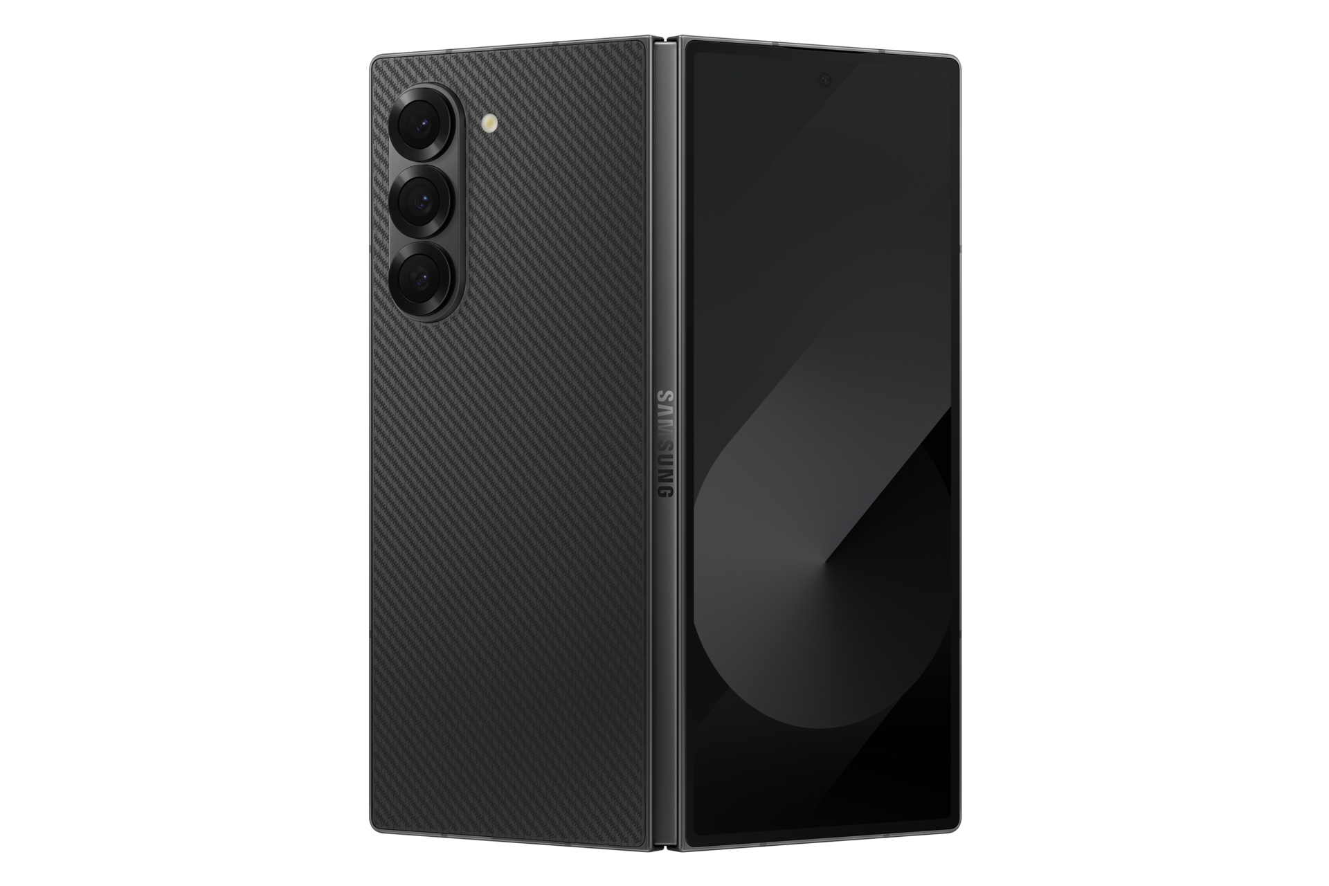 Czarny składany telefon, zamknięty i otwarty. Otwarty telefon ma ciemny ekran.