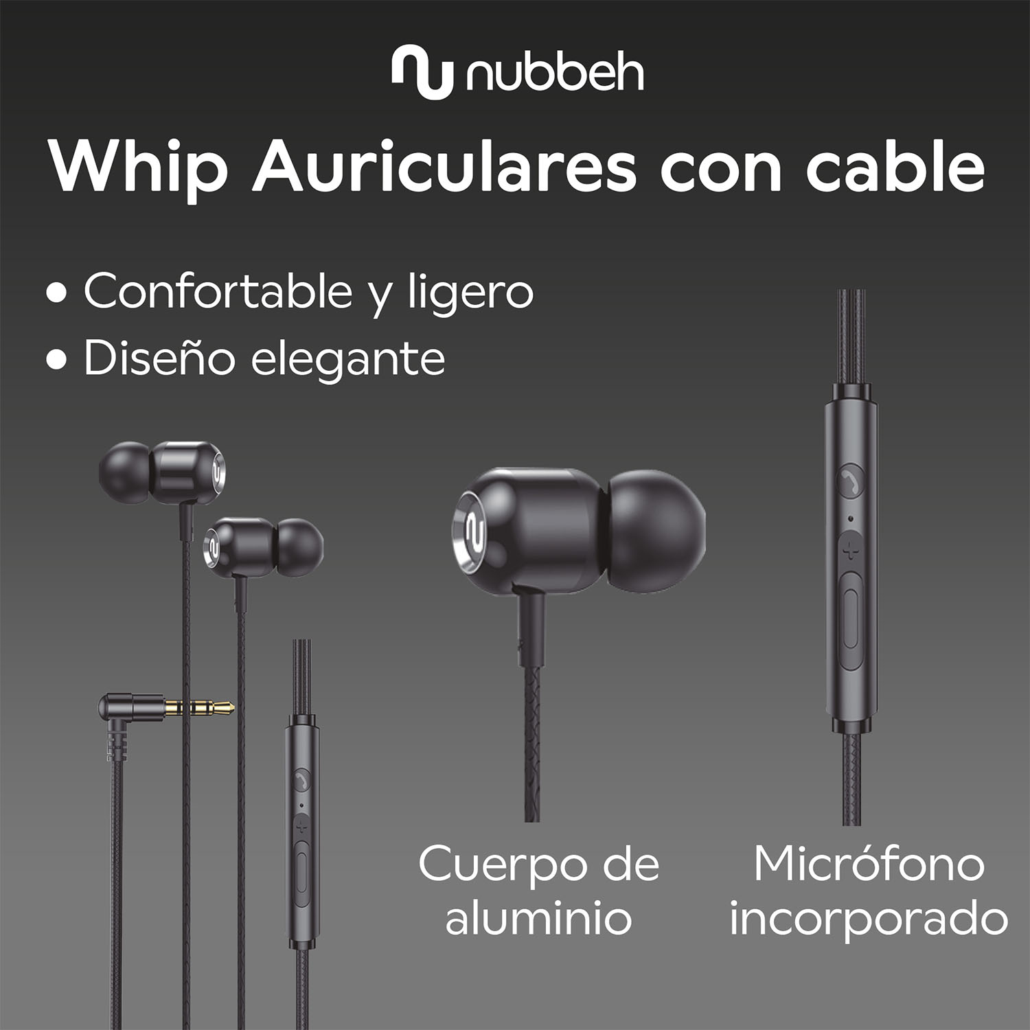 Auriculares Nubbeh negros, tres pares, mostrando diseño y cuerpo de aluminio.
